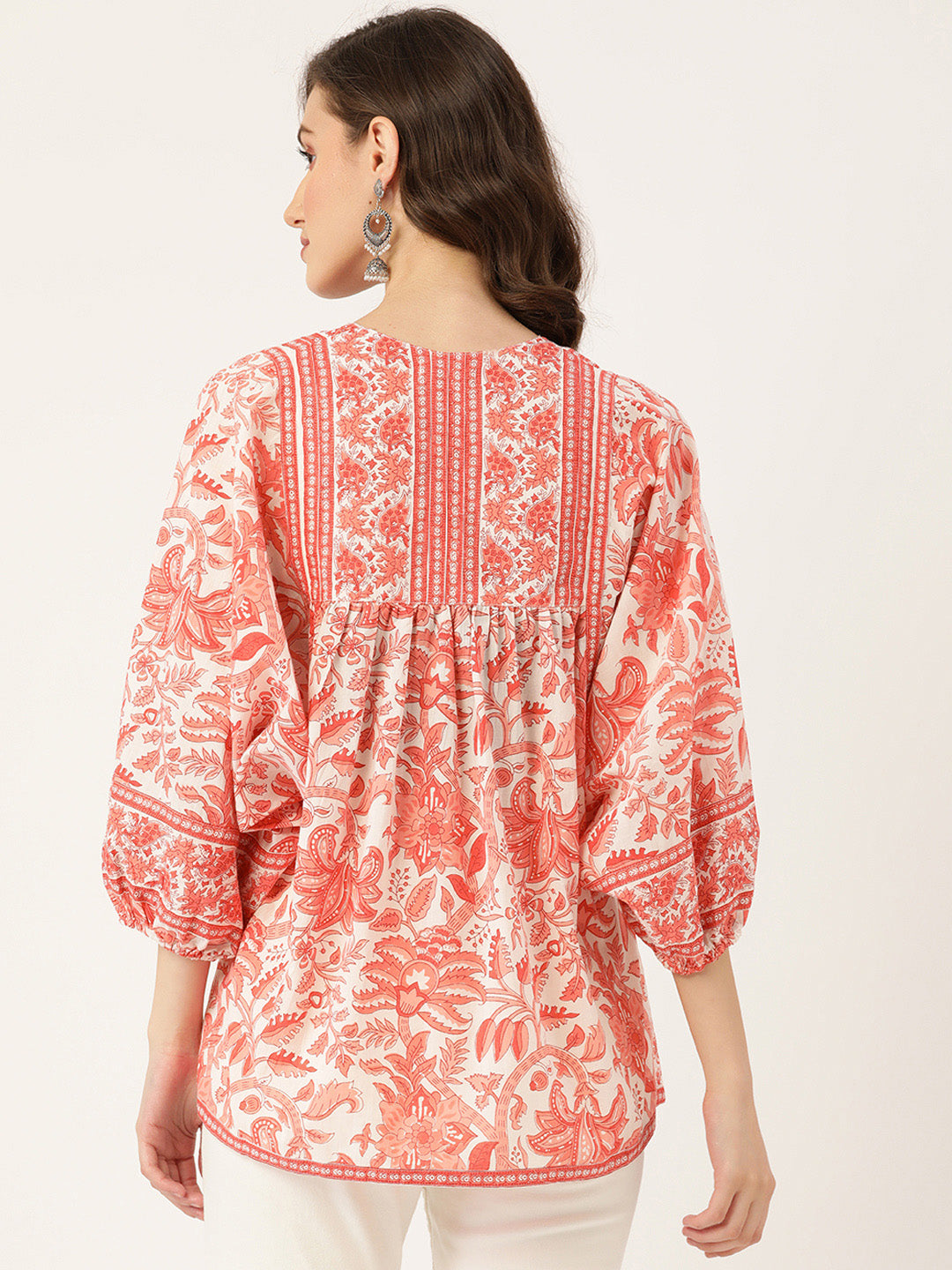 Coral Hand-Block Printed Boho Volume Sleeved Top