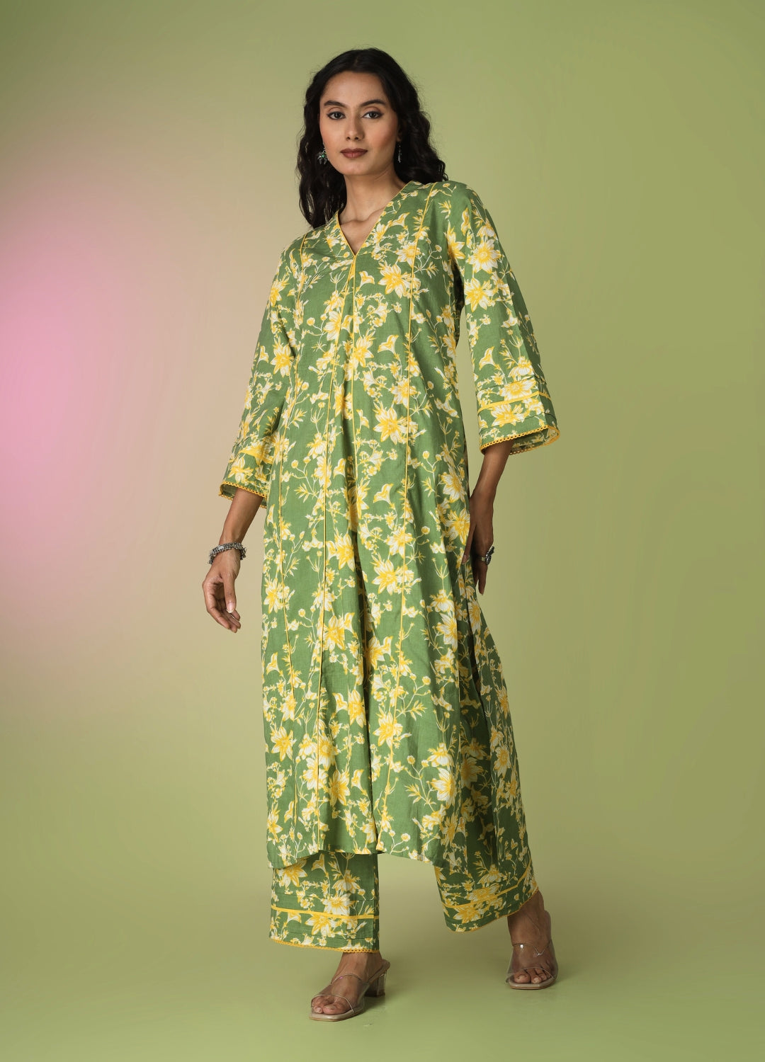 Green Printed Collar Neck Anarkali Set