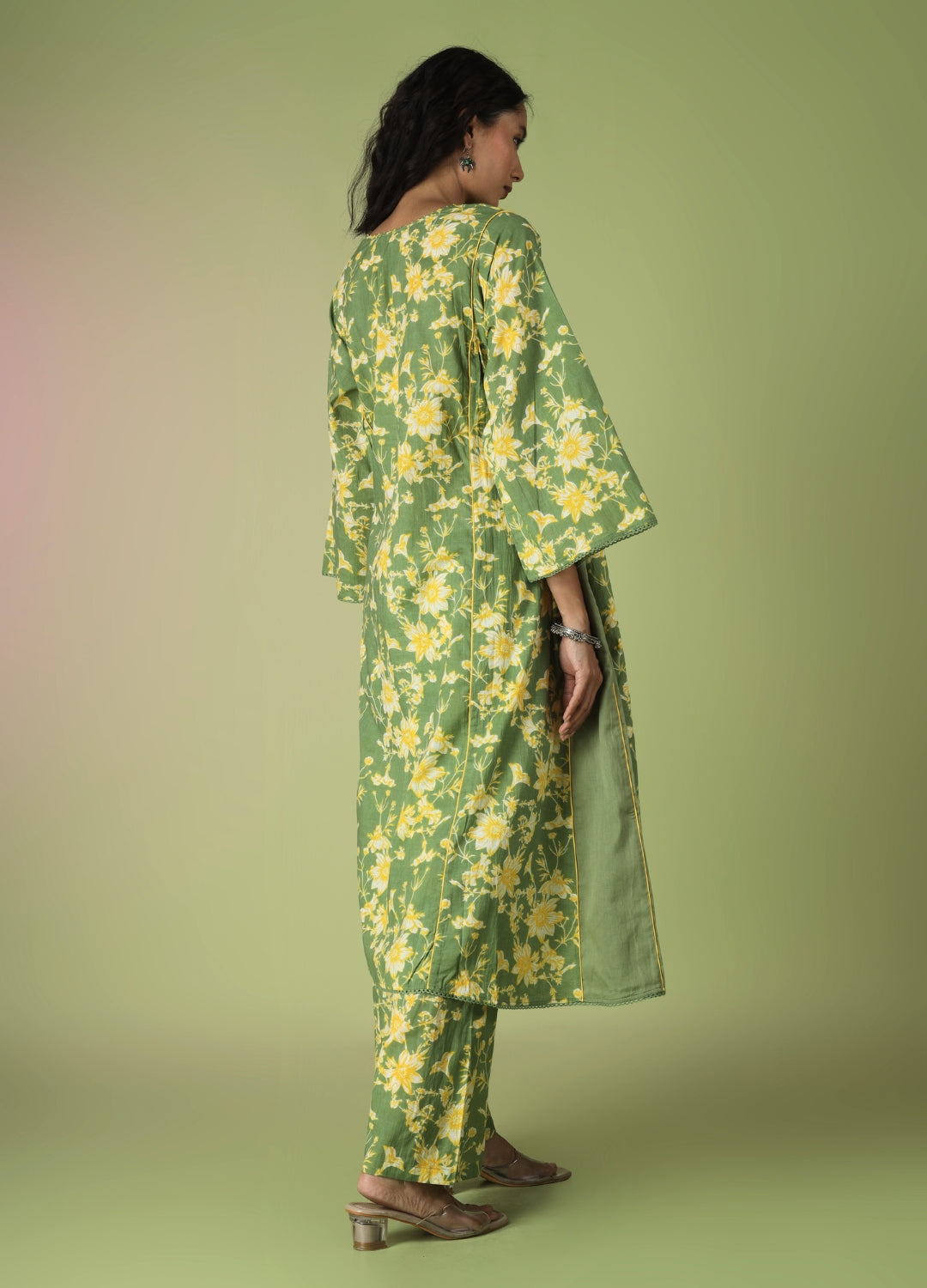 Green Printed Side Gathered Anarkali Set