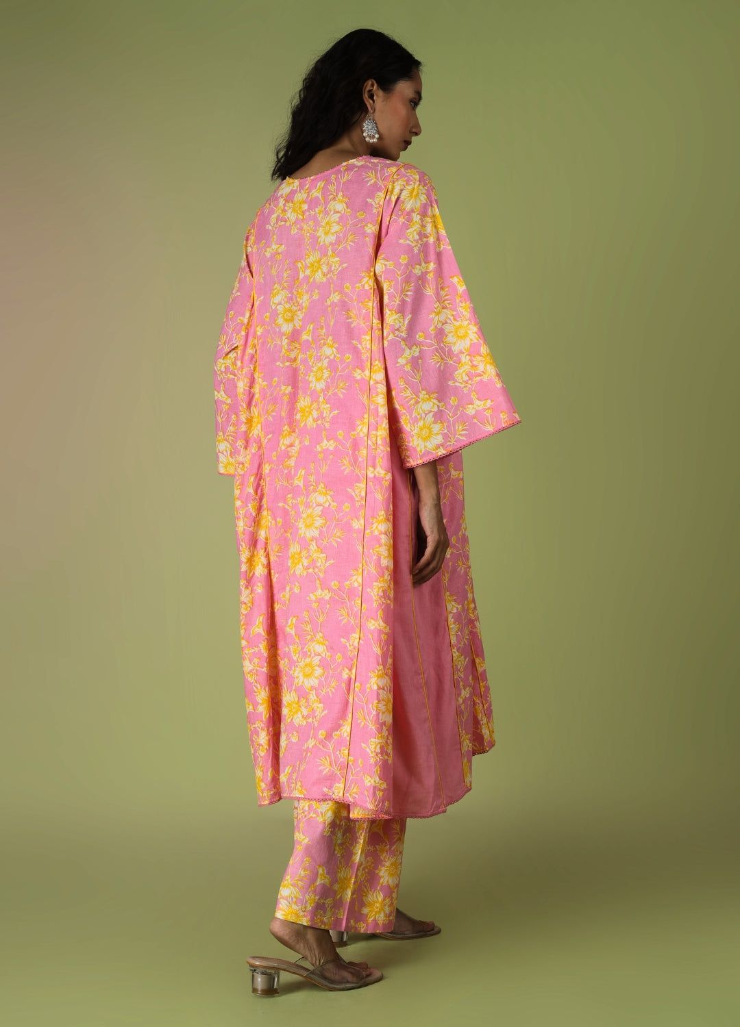 Pink Printed Side Gathered Anarkali Set