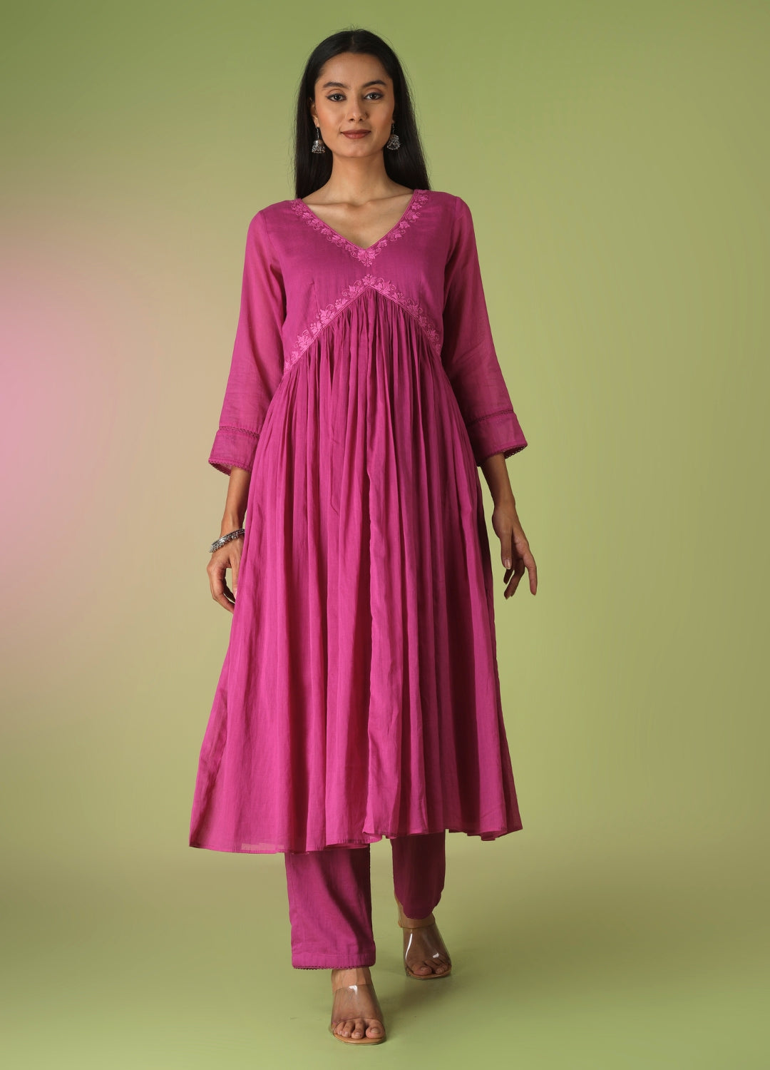 Raspberry Cross Gather Anarkali Set