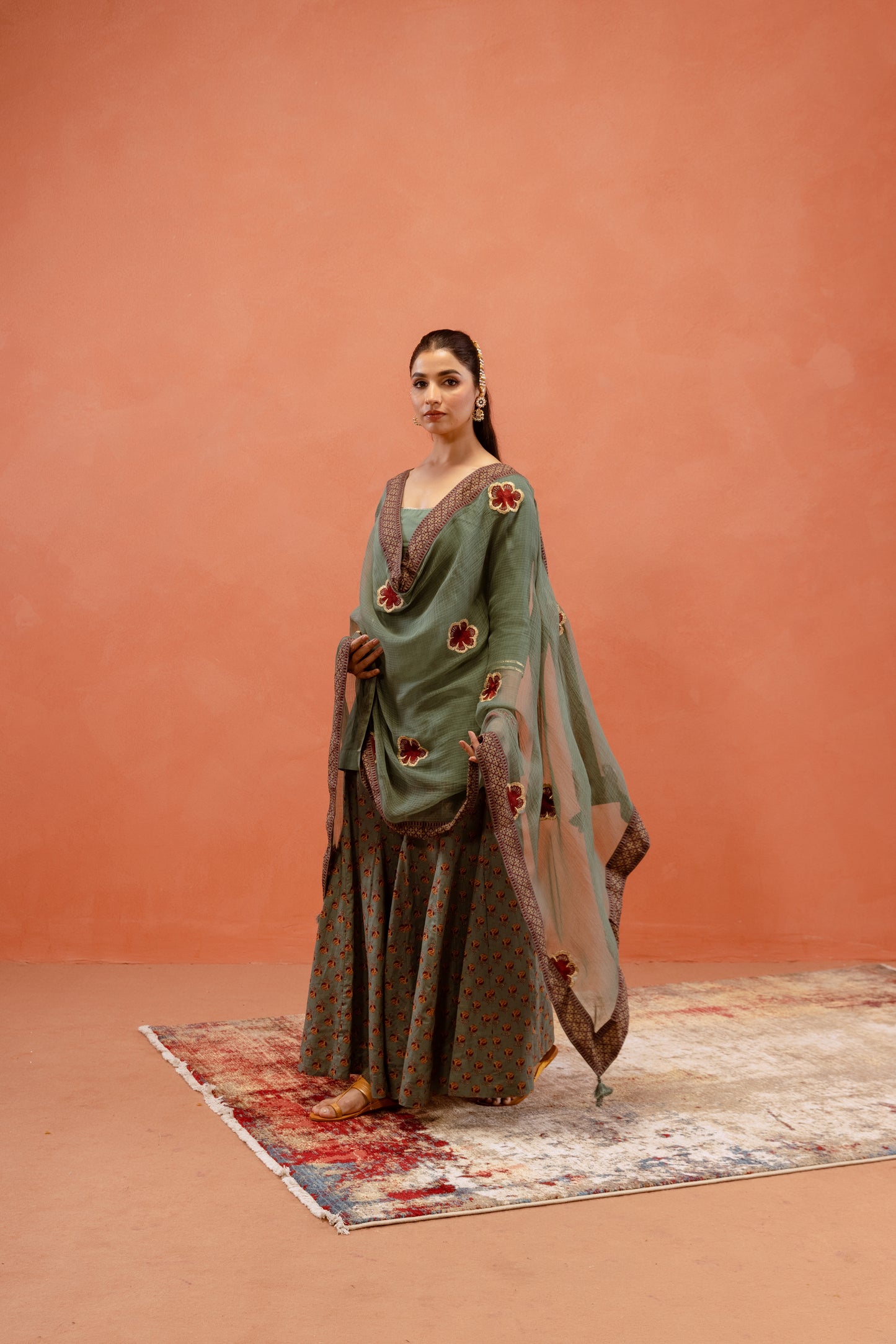 Teal Bloom Sharara Sleeved Set