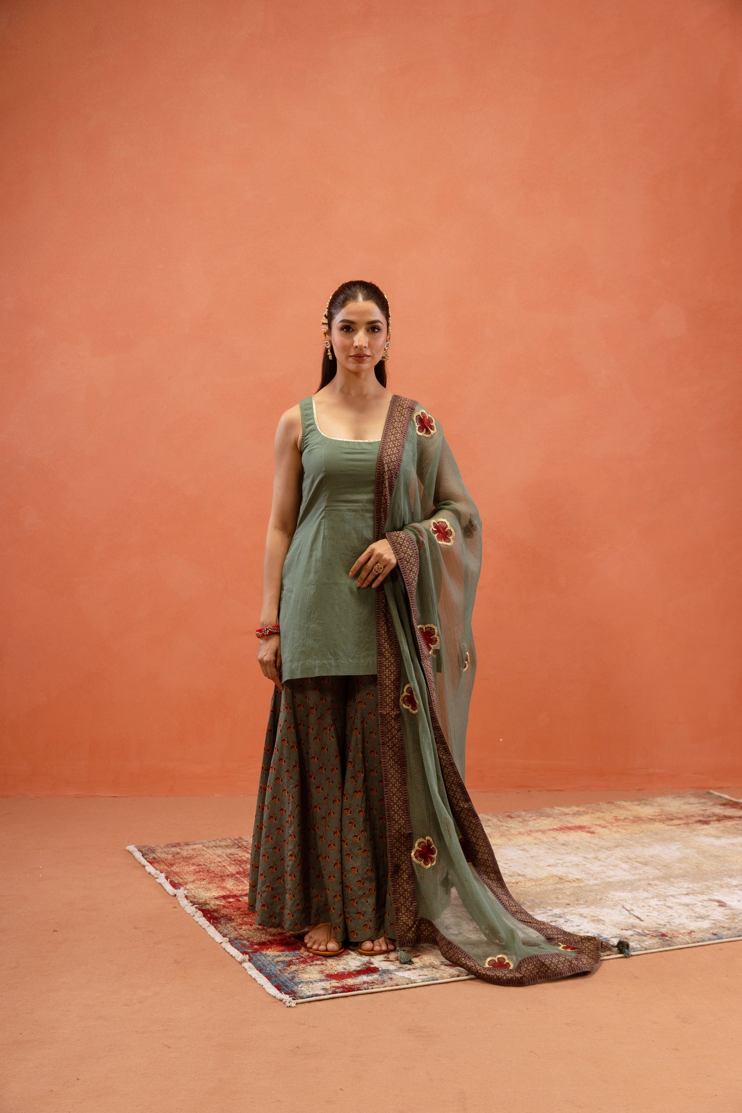 Teal Bloom Sharara Sleeveless Set