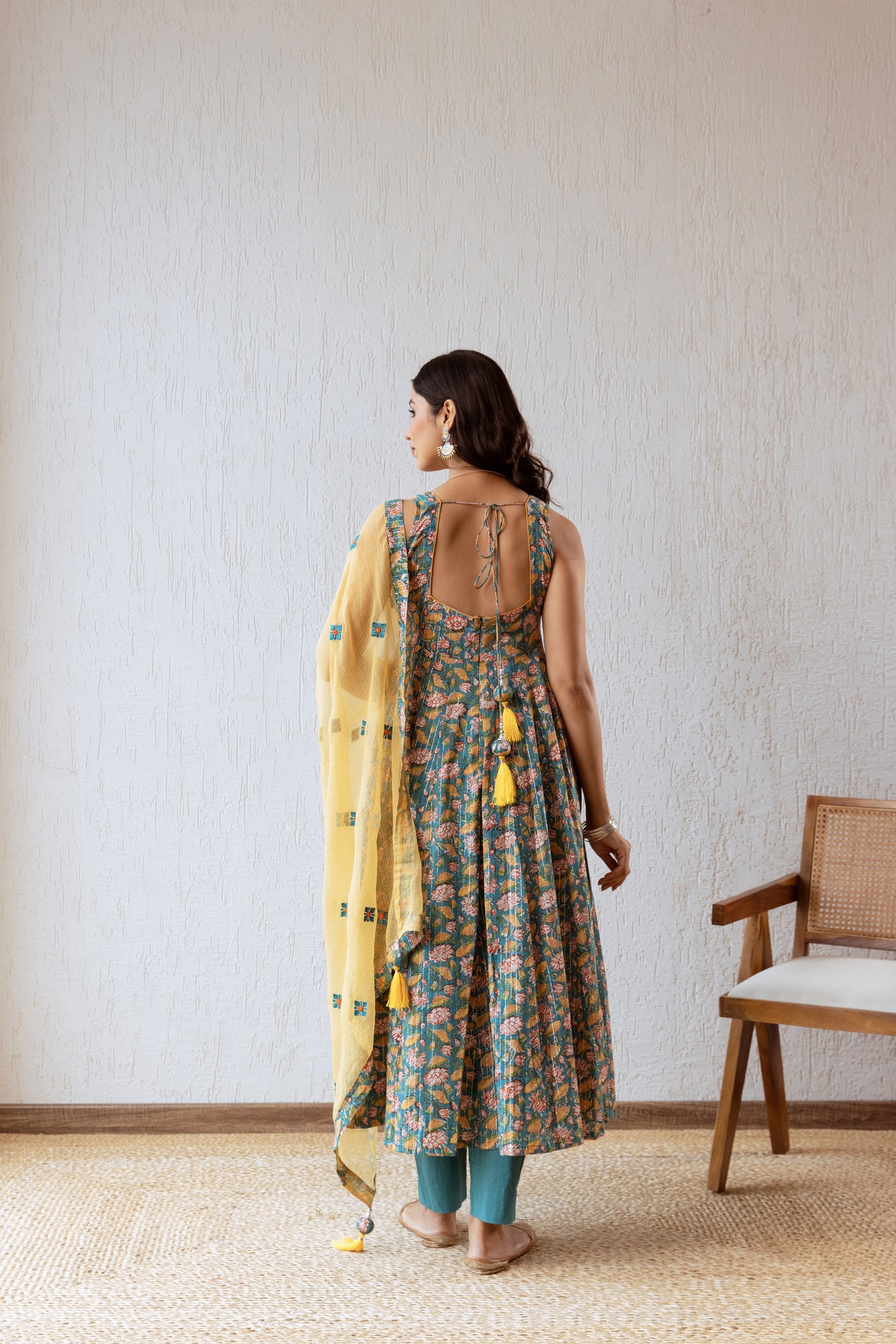 Teal X Mustard Jaal- Sleeveless
