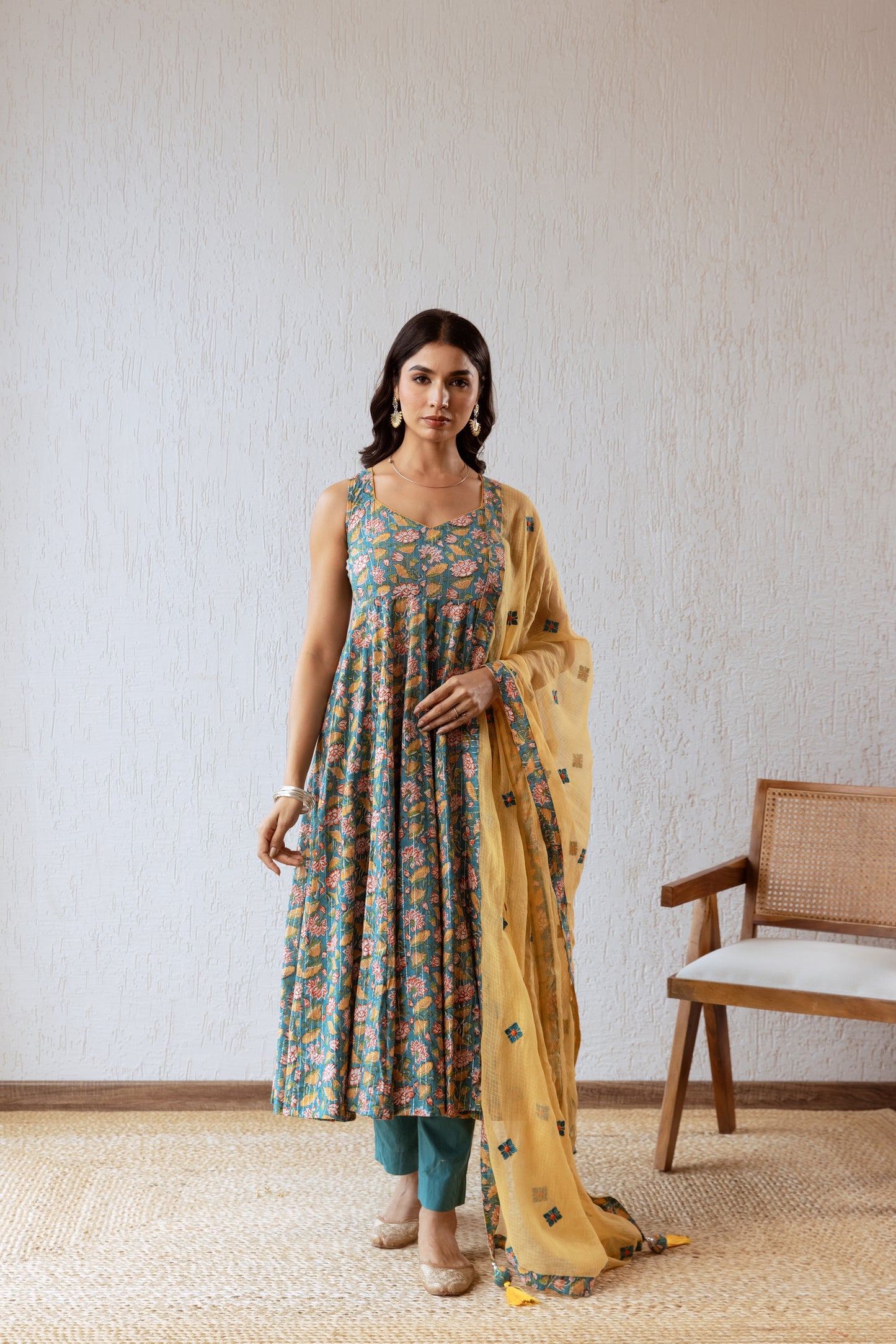 Teal X Mustard Jaal- Sleeveless
