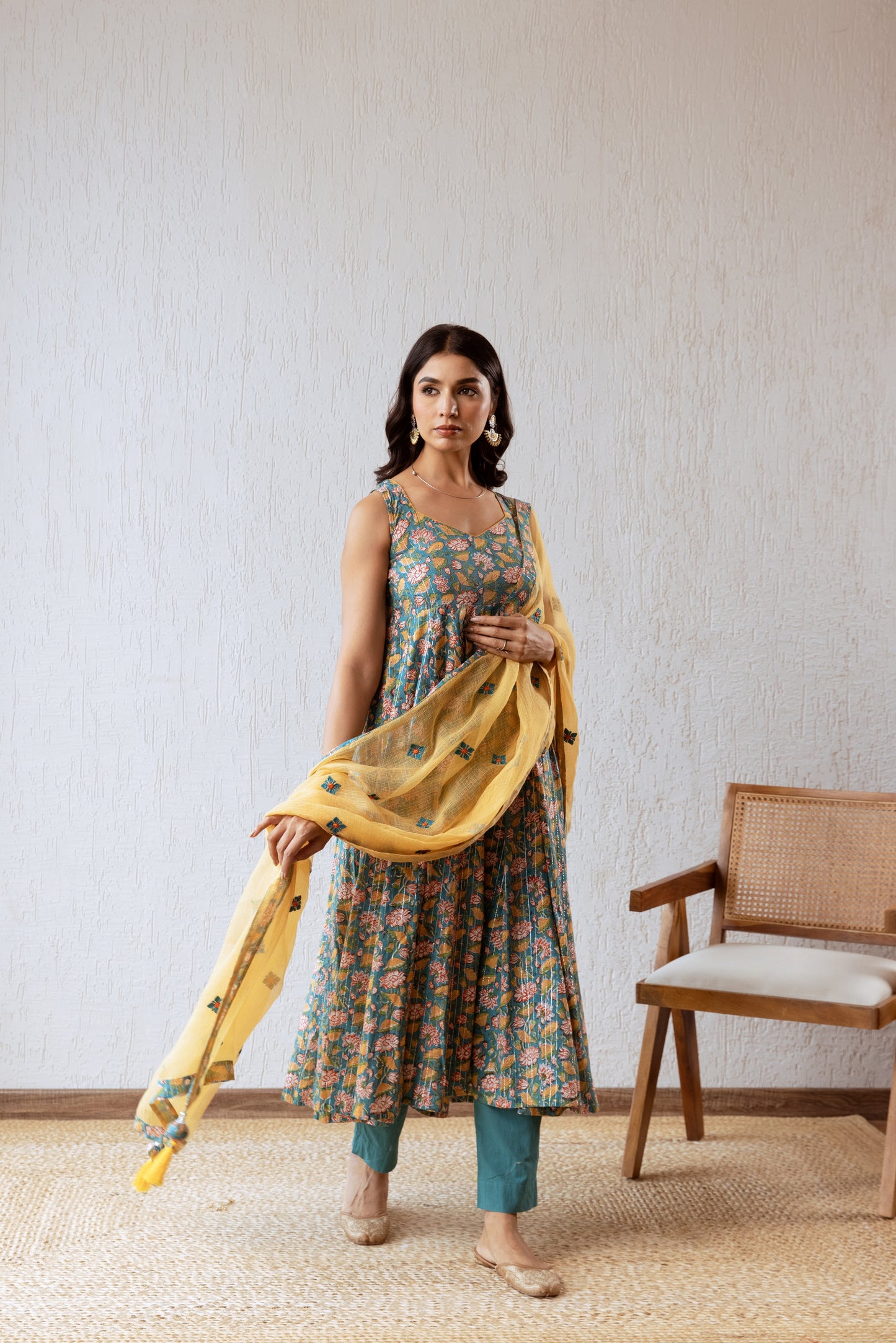 Teal X Mustard Jaal- Sleeveless