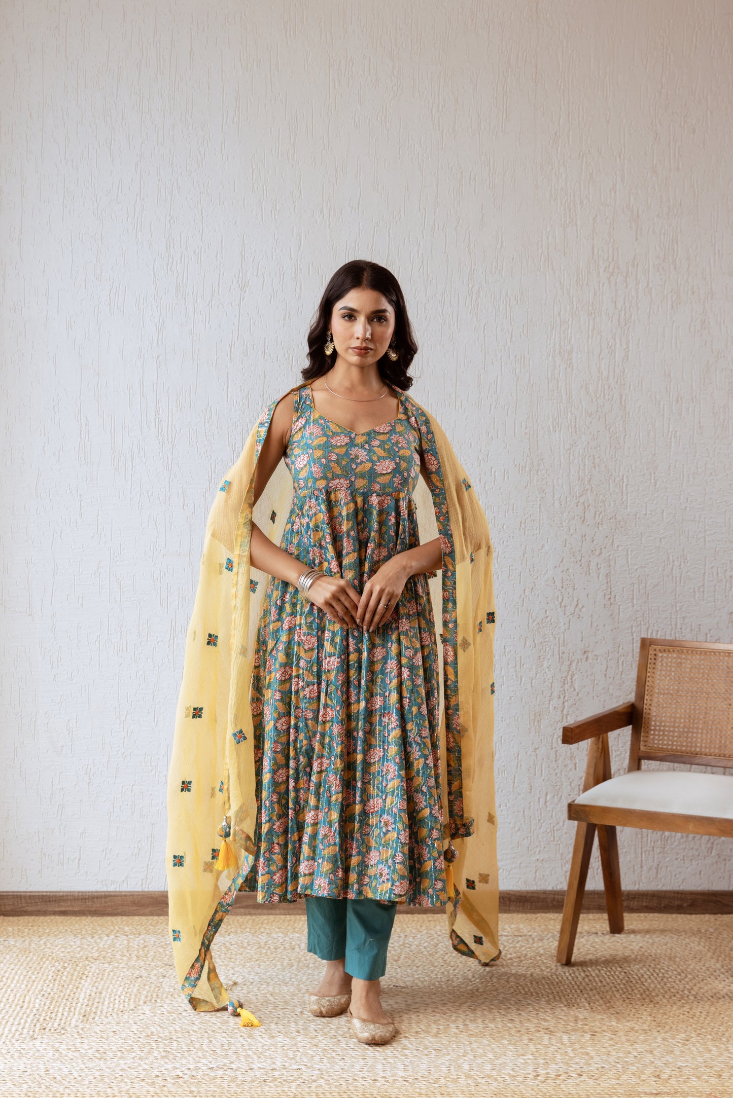 Teal X Mustard Jaal- Sleeveless