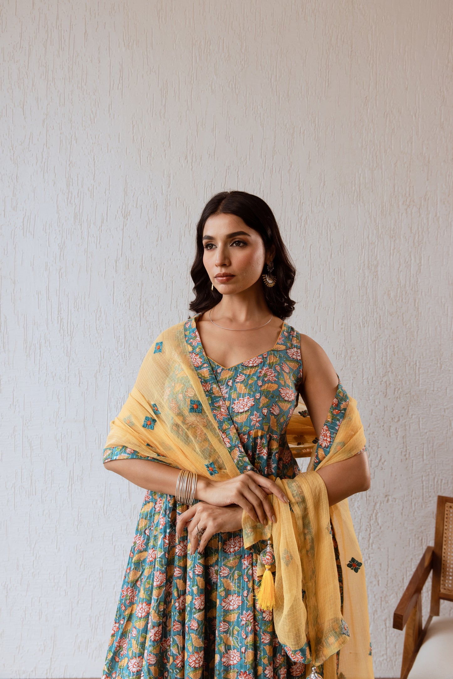 Teal X Mustard Jaal- Sleeveless
