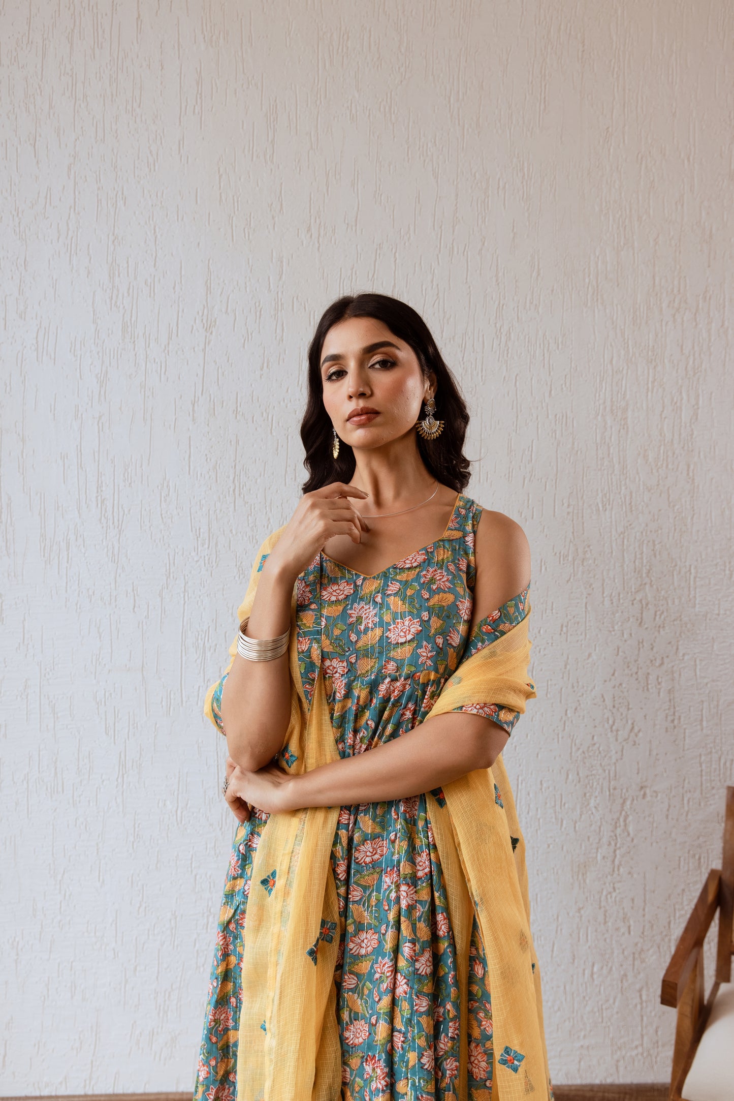 Teal X Mustard Jaal- Sleeveless