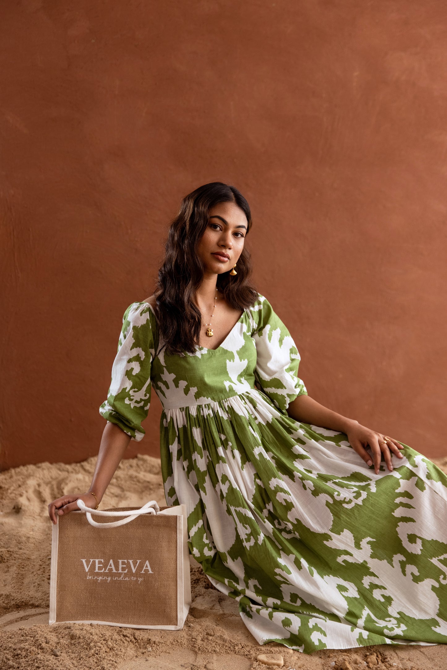 Green and White Patterned Sleeved Maxi Dress