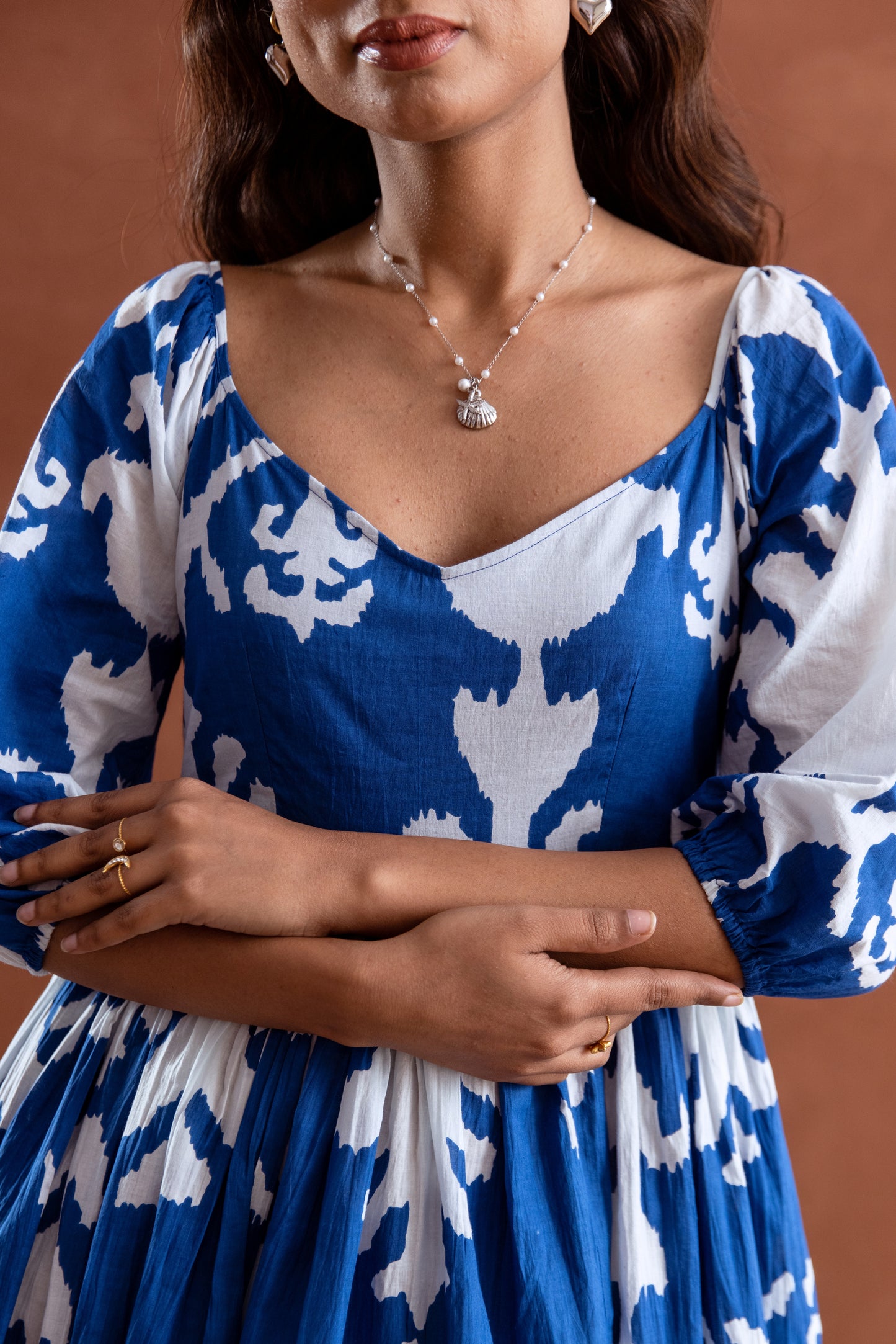Blue and White Patterned Sleeved Maxi Dress