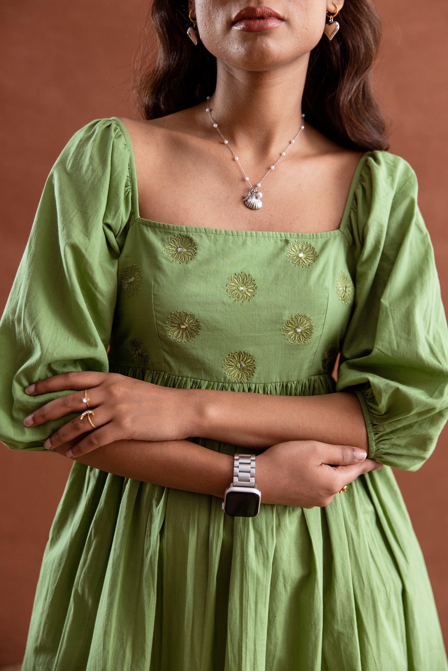 Solid Green Sleeved Square Neck Short Dress