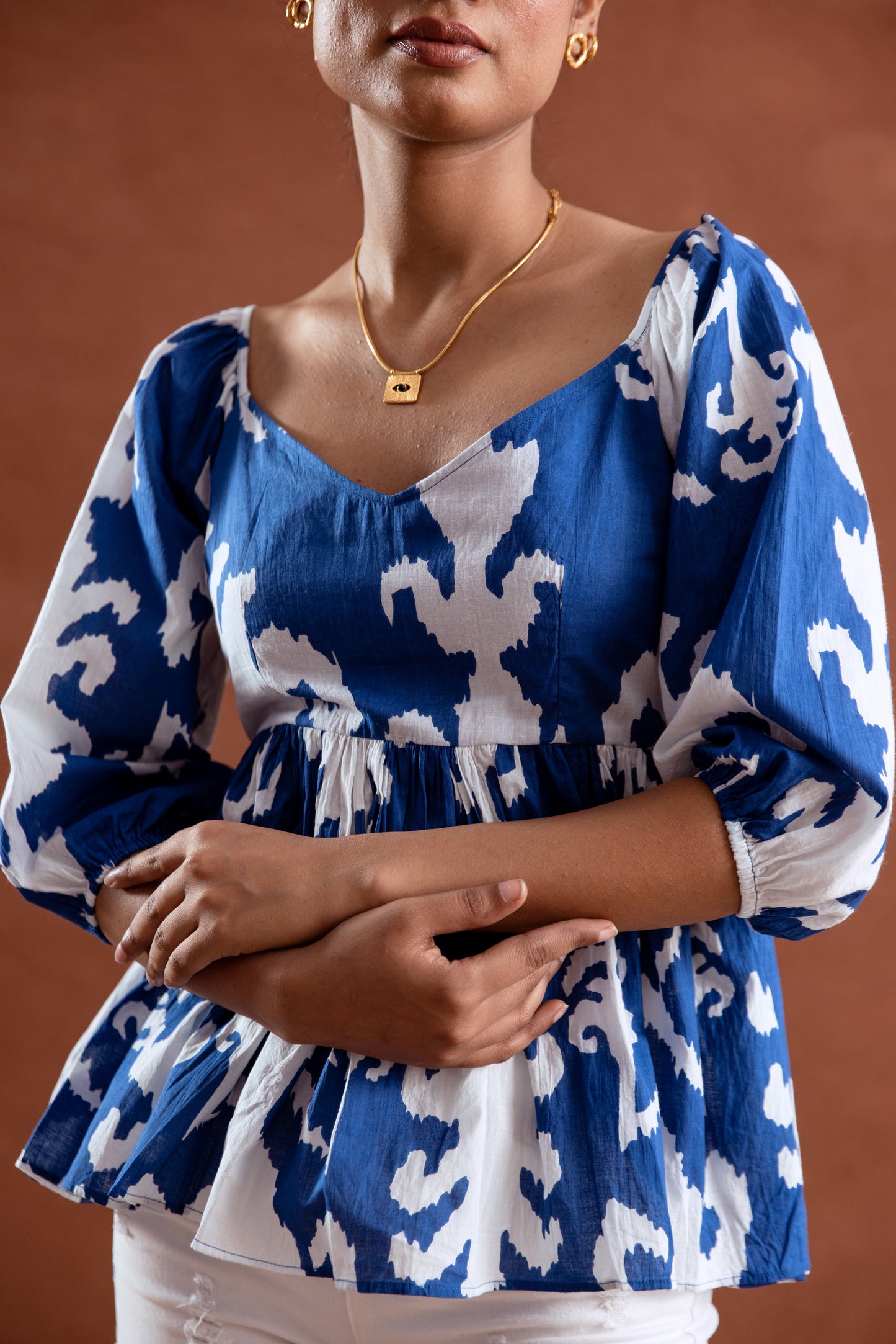 Blue and White Patterned Sleeved Top