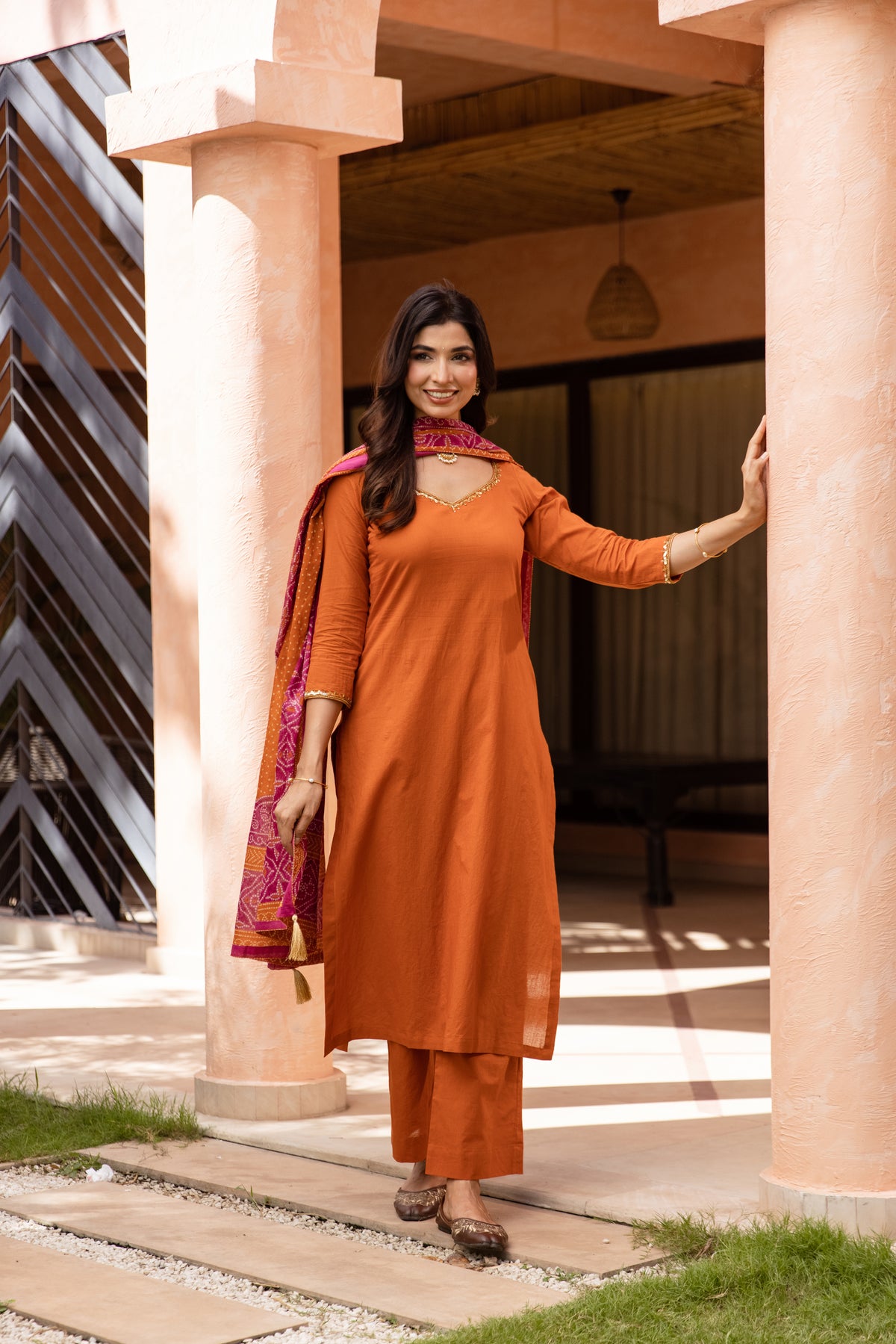 Gerua Sleeved - Straight Cut Suit (Orange)