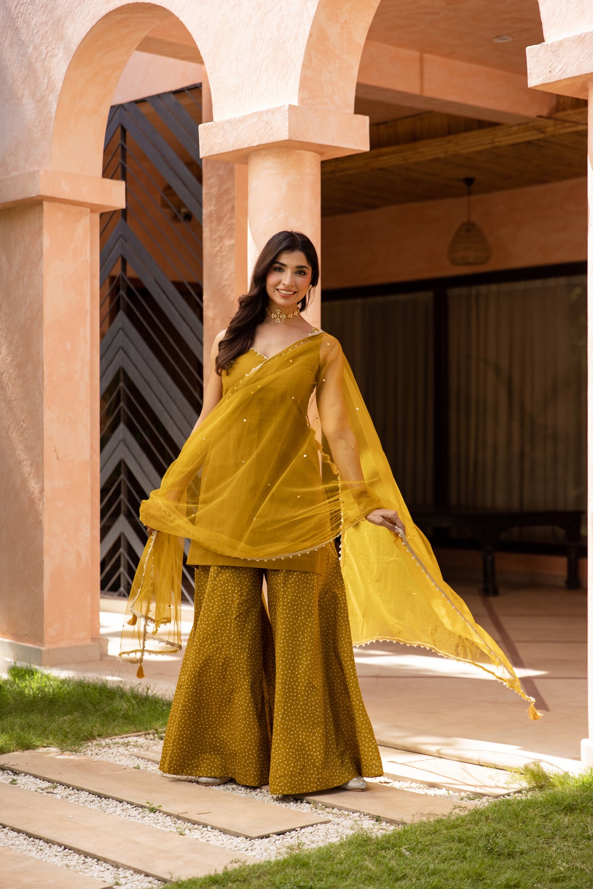 Zaitoon Sleeveless - Sharara Set (Olive Green)