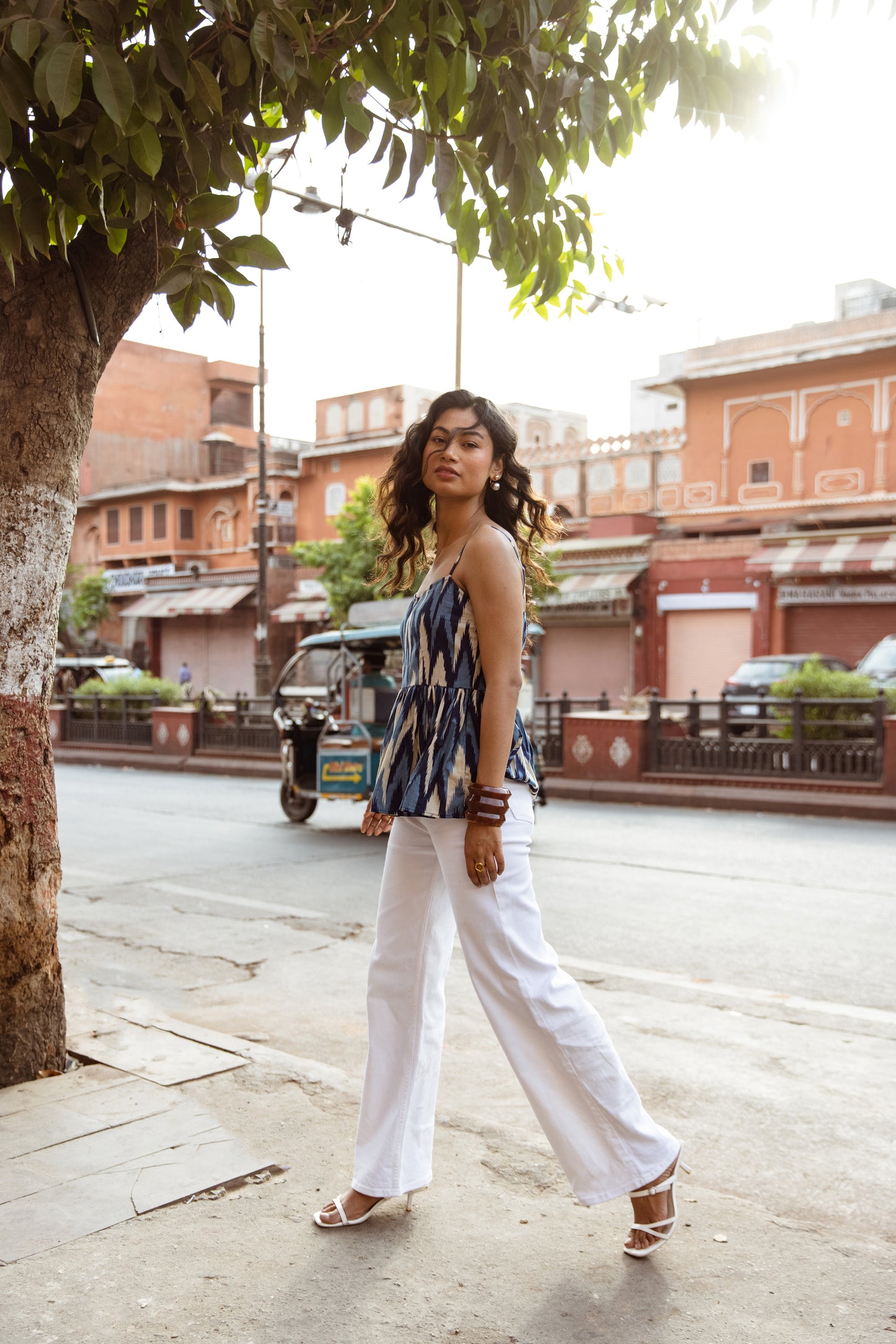 The Jaipur Zig Thin Strap Top- Blue
