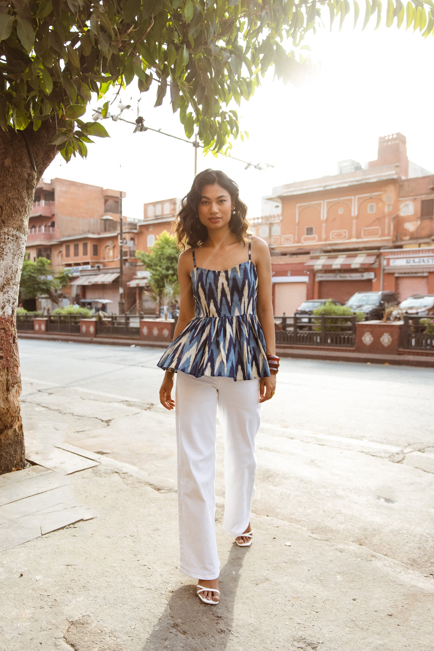 The Jaipur Zig Thin Strap Top- Blue