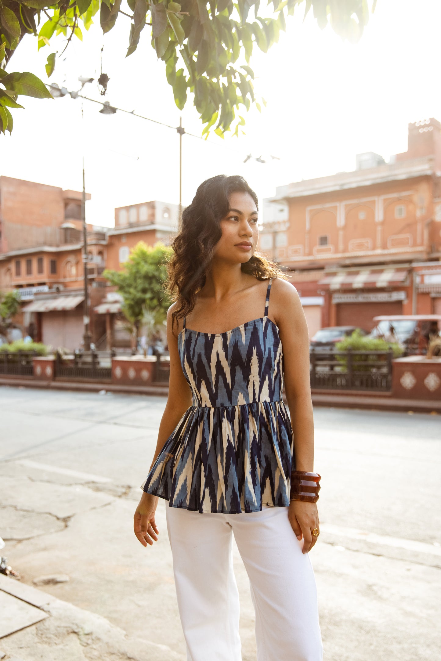 The Jaipur Zig Thin Strap Top- Blue