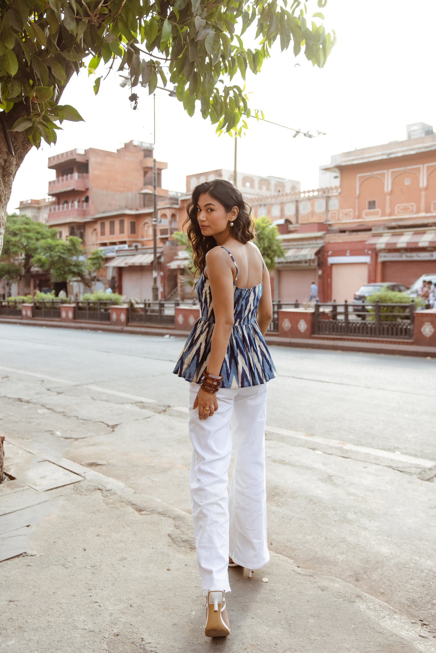 The Jaipur Zig Thin Strap Top- Blue