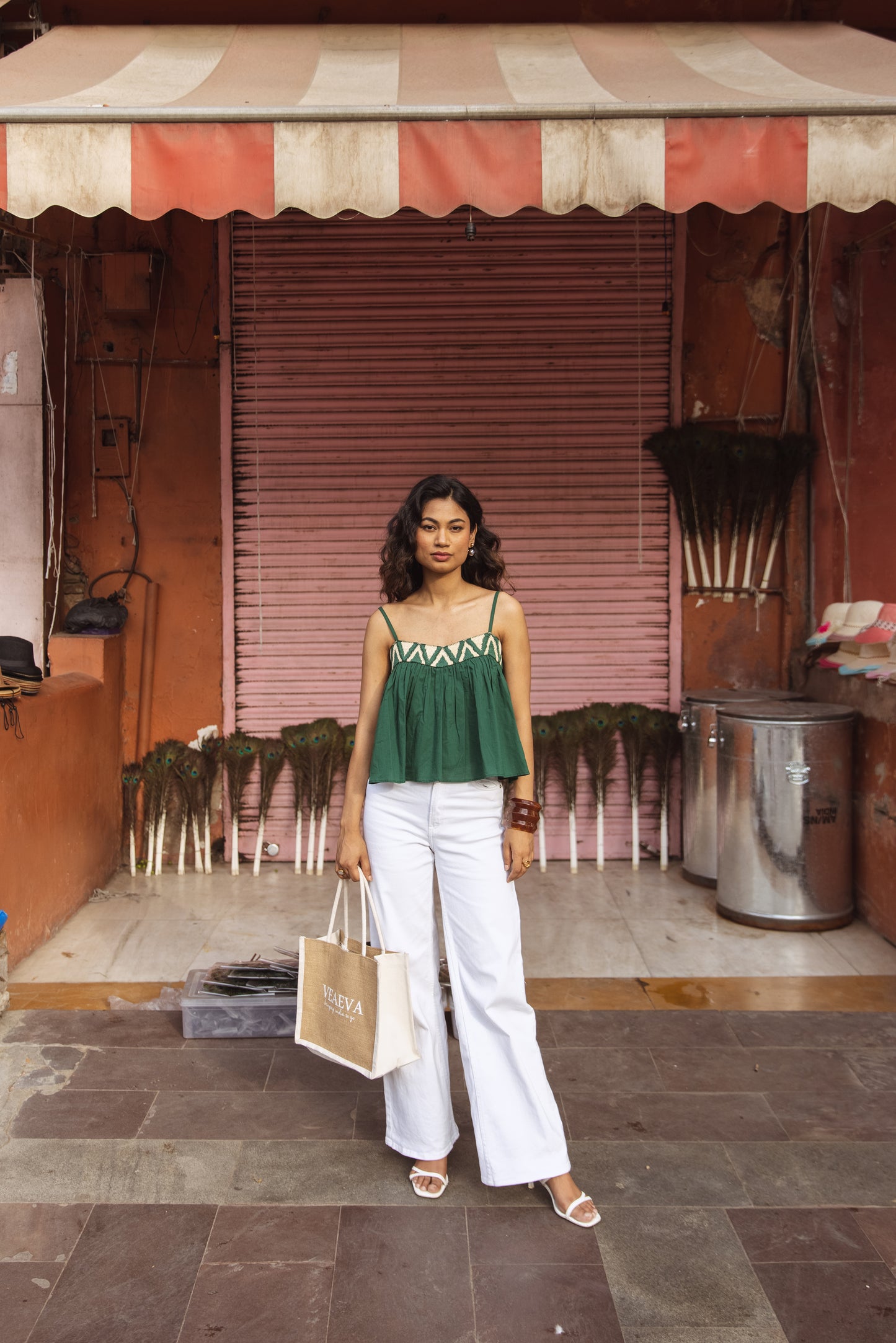 Embroidered Yoke Thin Strap Top- Green