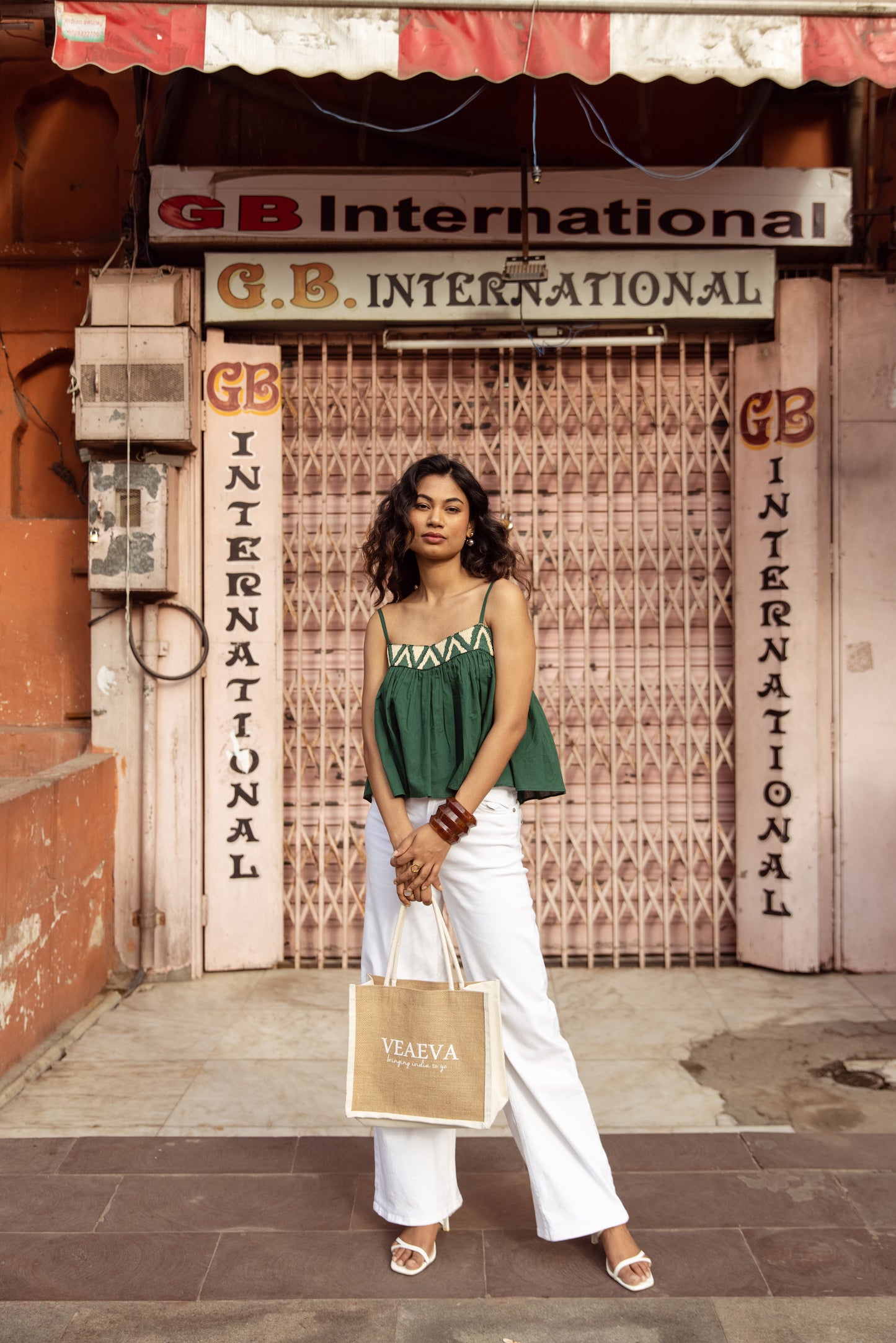 Embroidered Yoke Thin Strap Top- Green