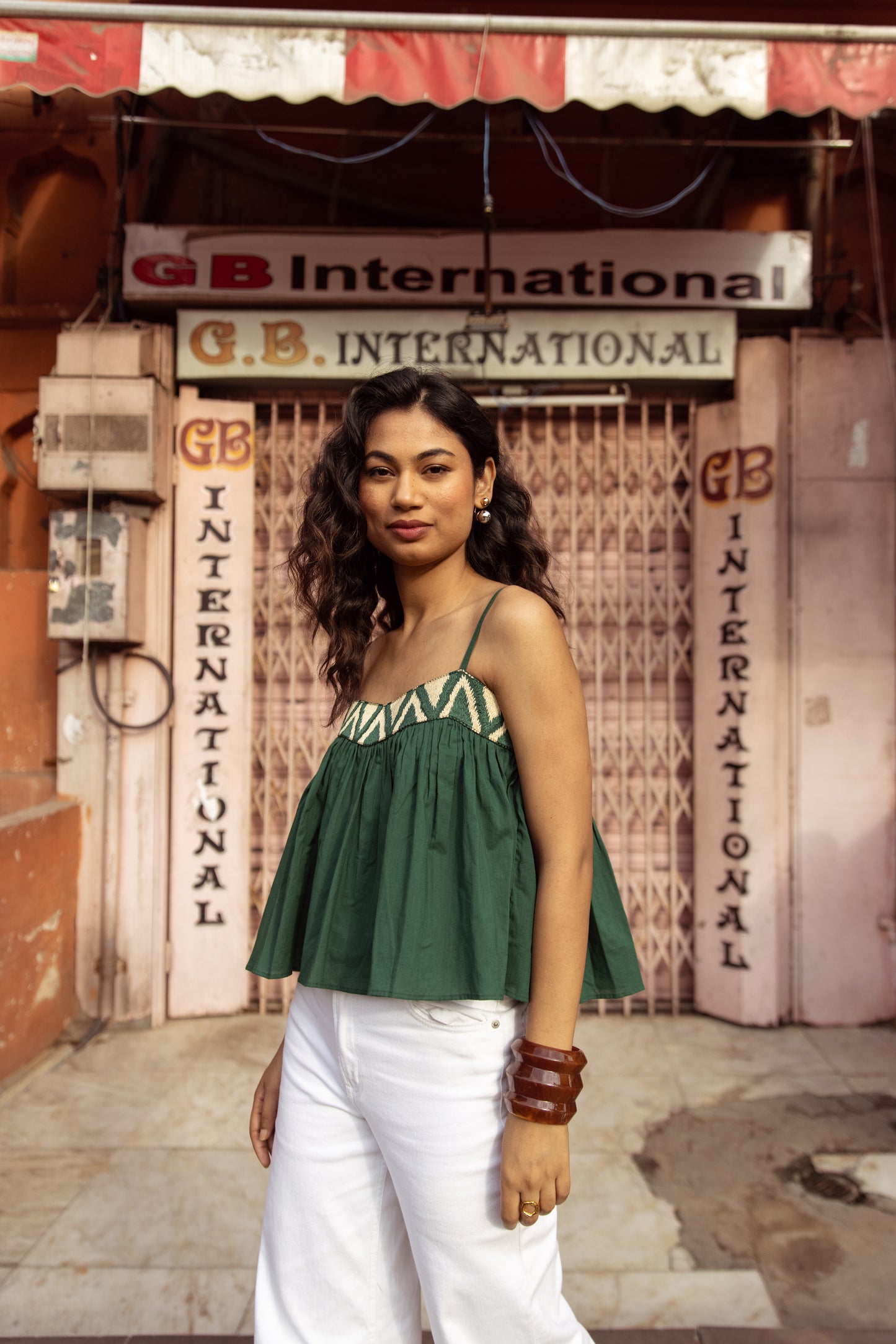 Embroidered Yoke Thin Strap Top- Green