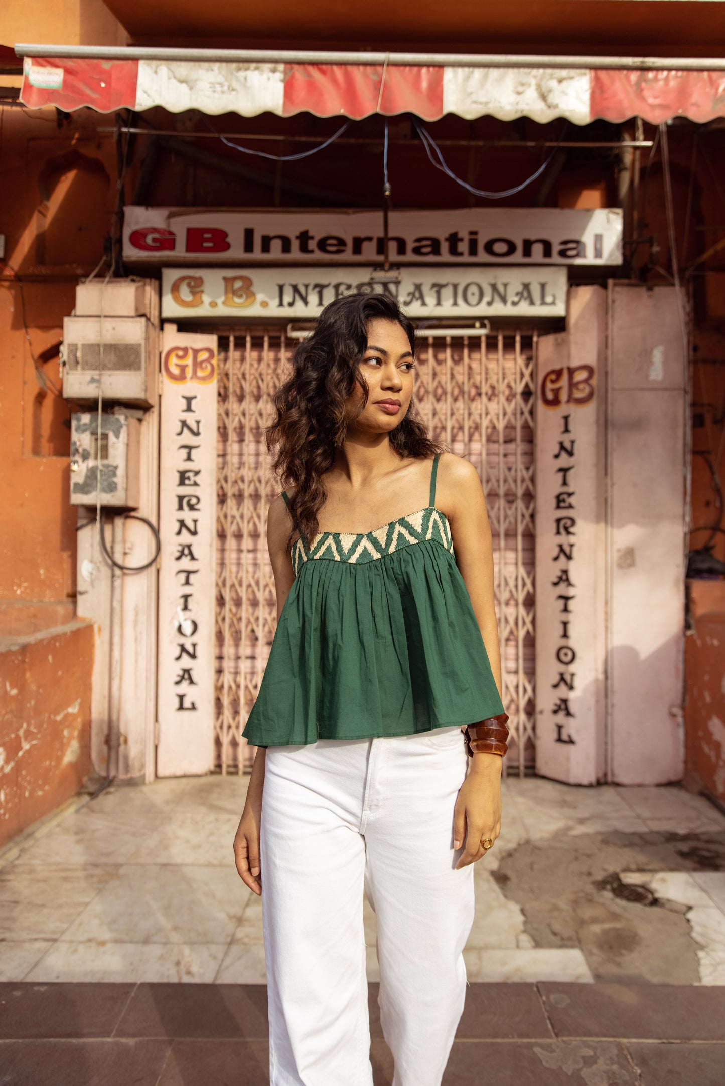 Embroidered Yoke Thin Strap Top- Green