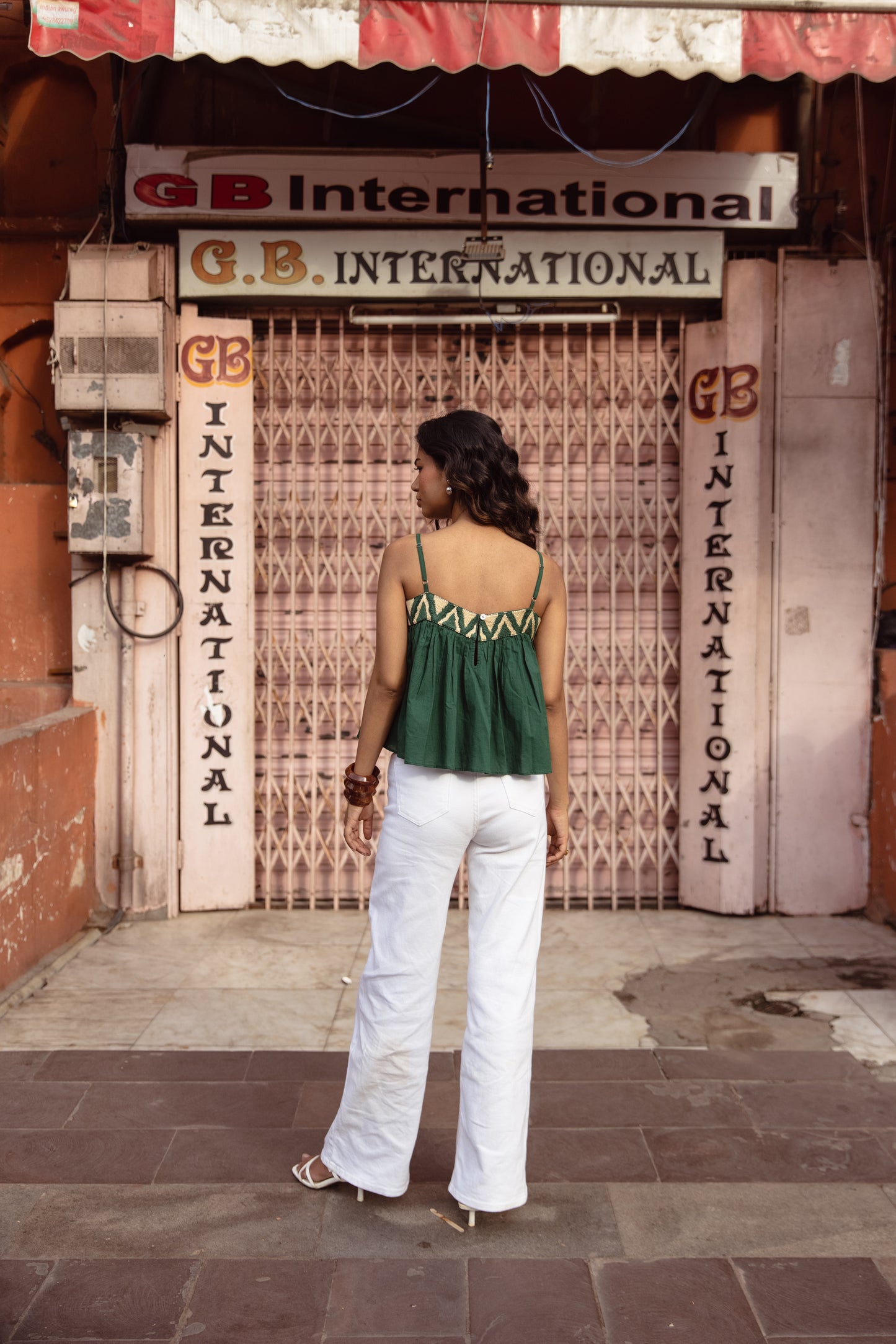 Embroidered Yoke Thin Strap Top- Green
