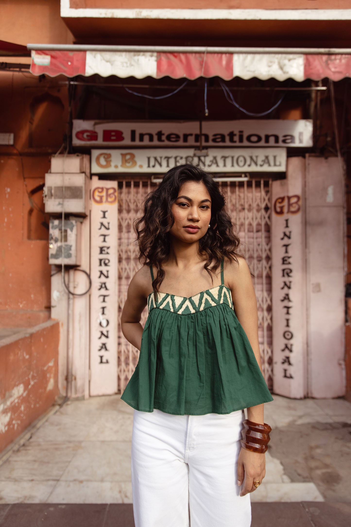Embroidered Yoke Thin Strap Top- Green