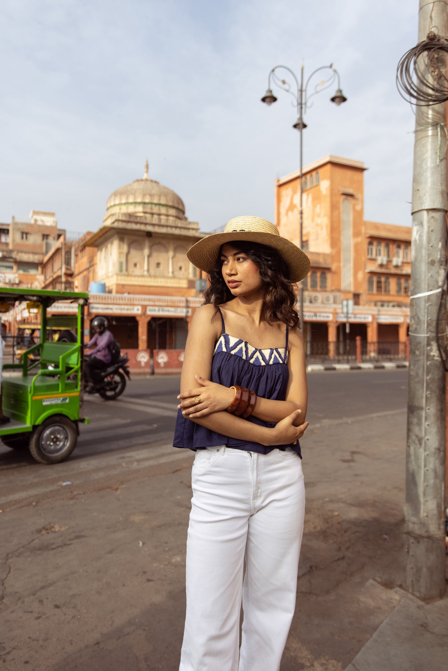 Embroidered Yoke Thin Strap Top- Blue
