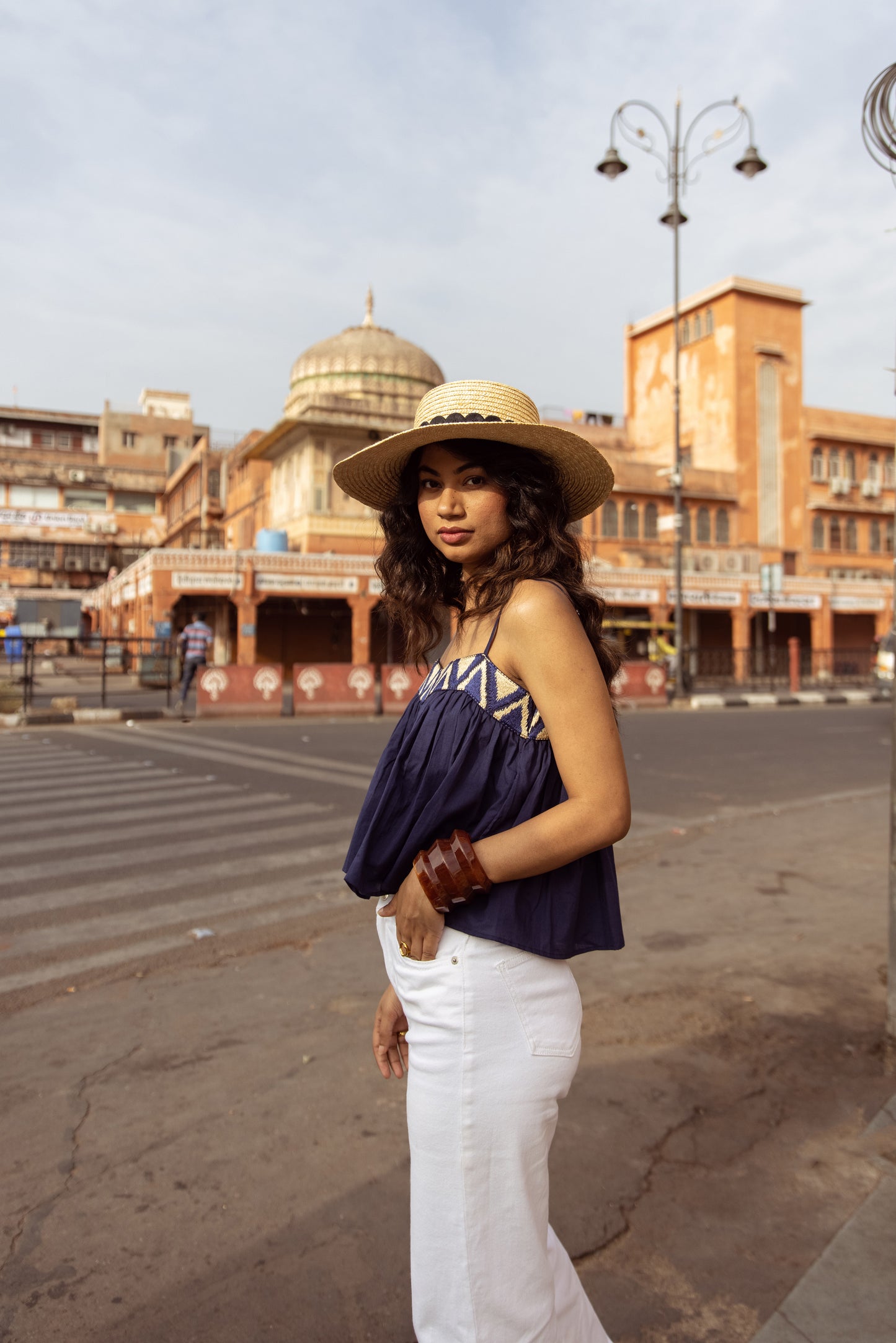 Embroidered Yoke Thin Strap Top- Blue