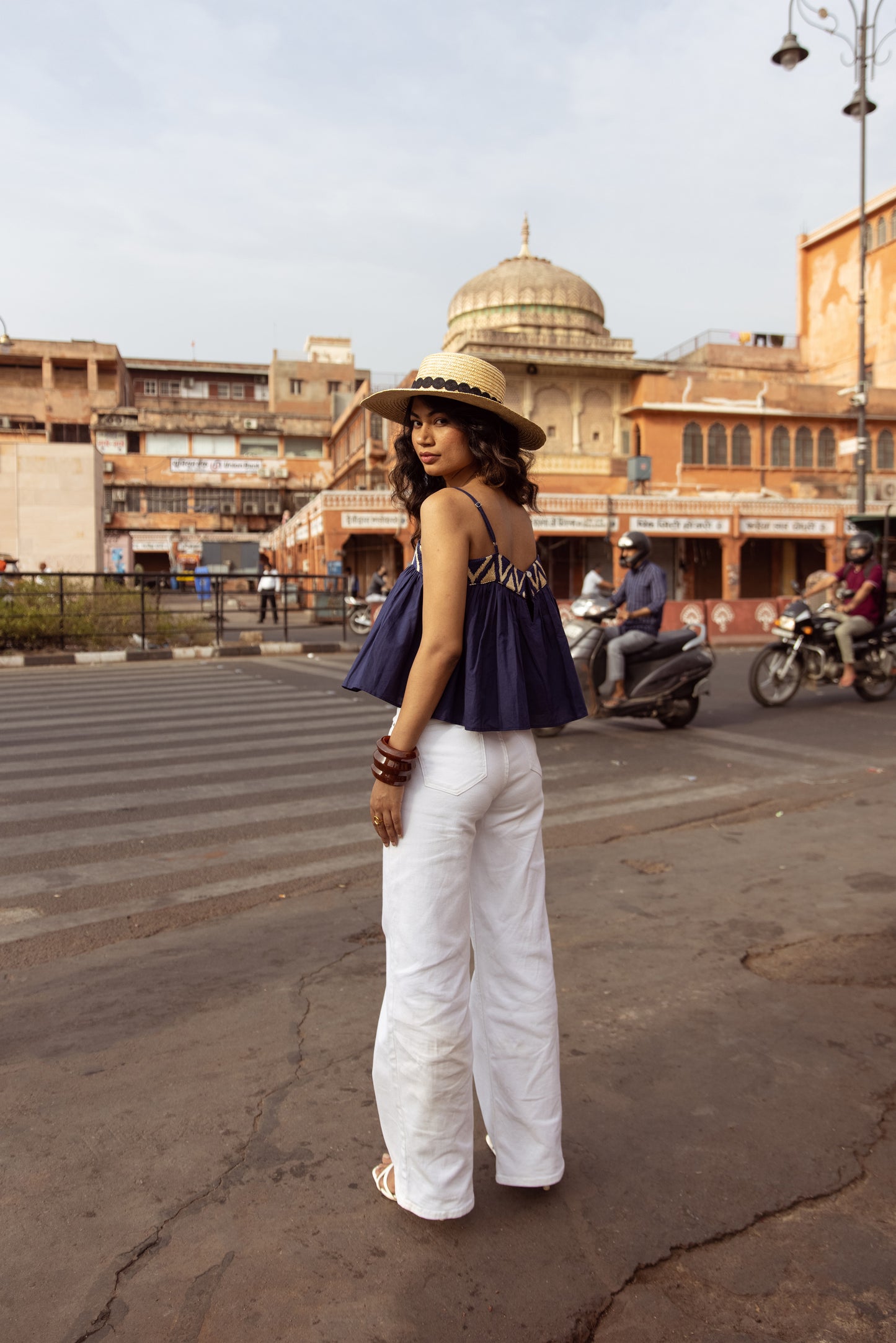 Embroidered Yoke Thin Strap Top- Blue