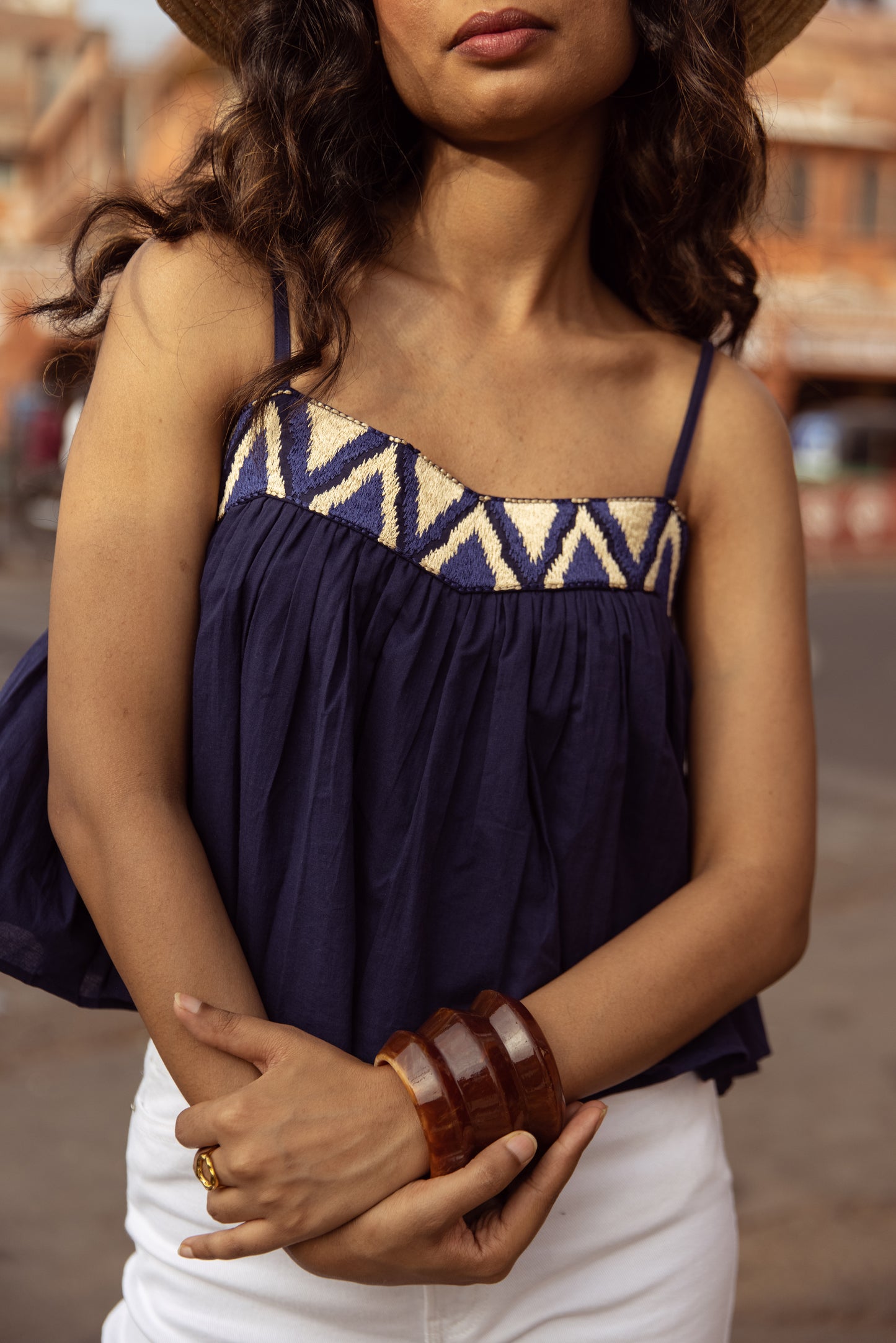 Embroidered Yoke Thin Strap Top- Blue