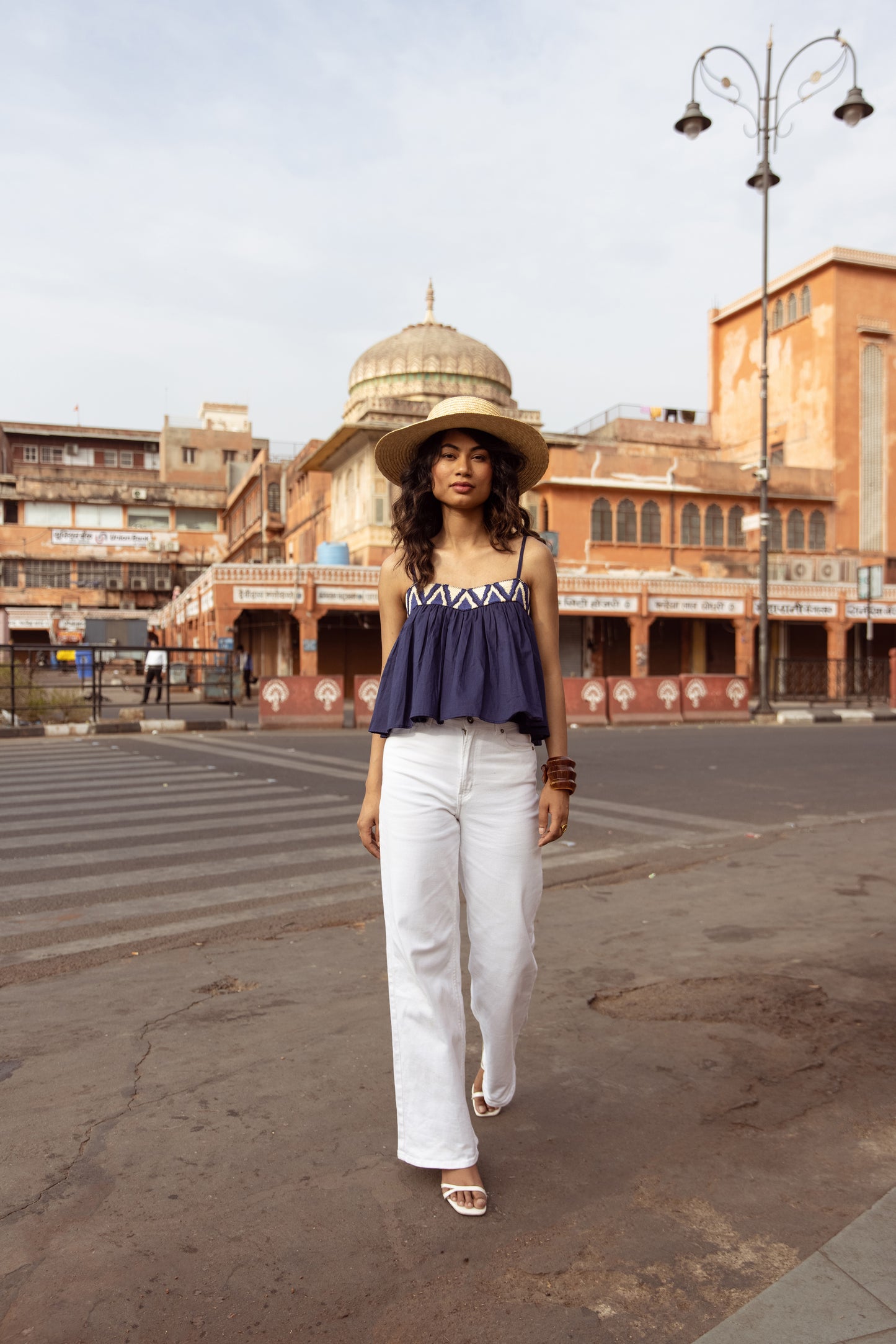 Embroidered Yoke Thin Strap Top- Blue