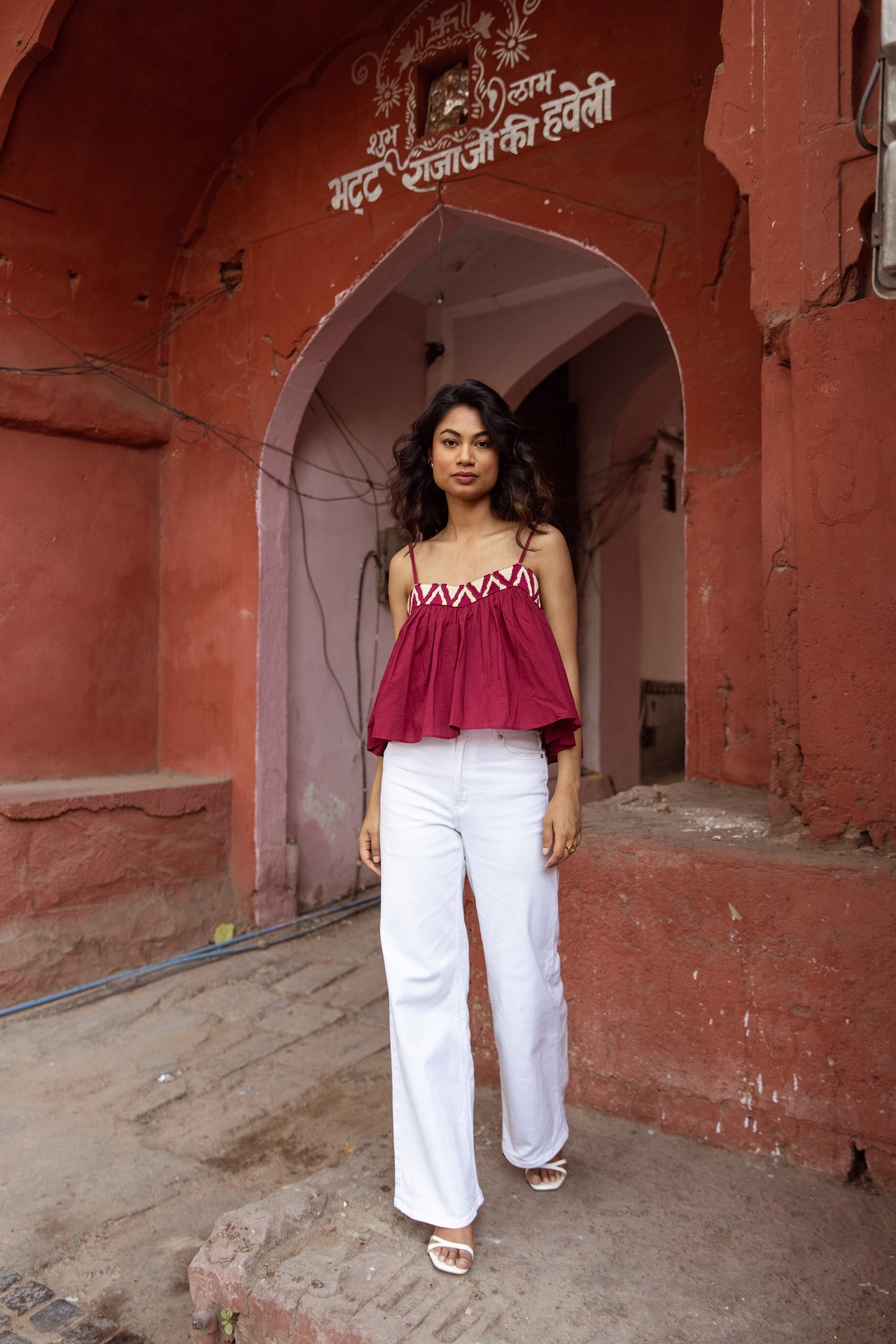 Embroidered Yoke Thin Strap Top- Pink