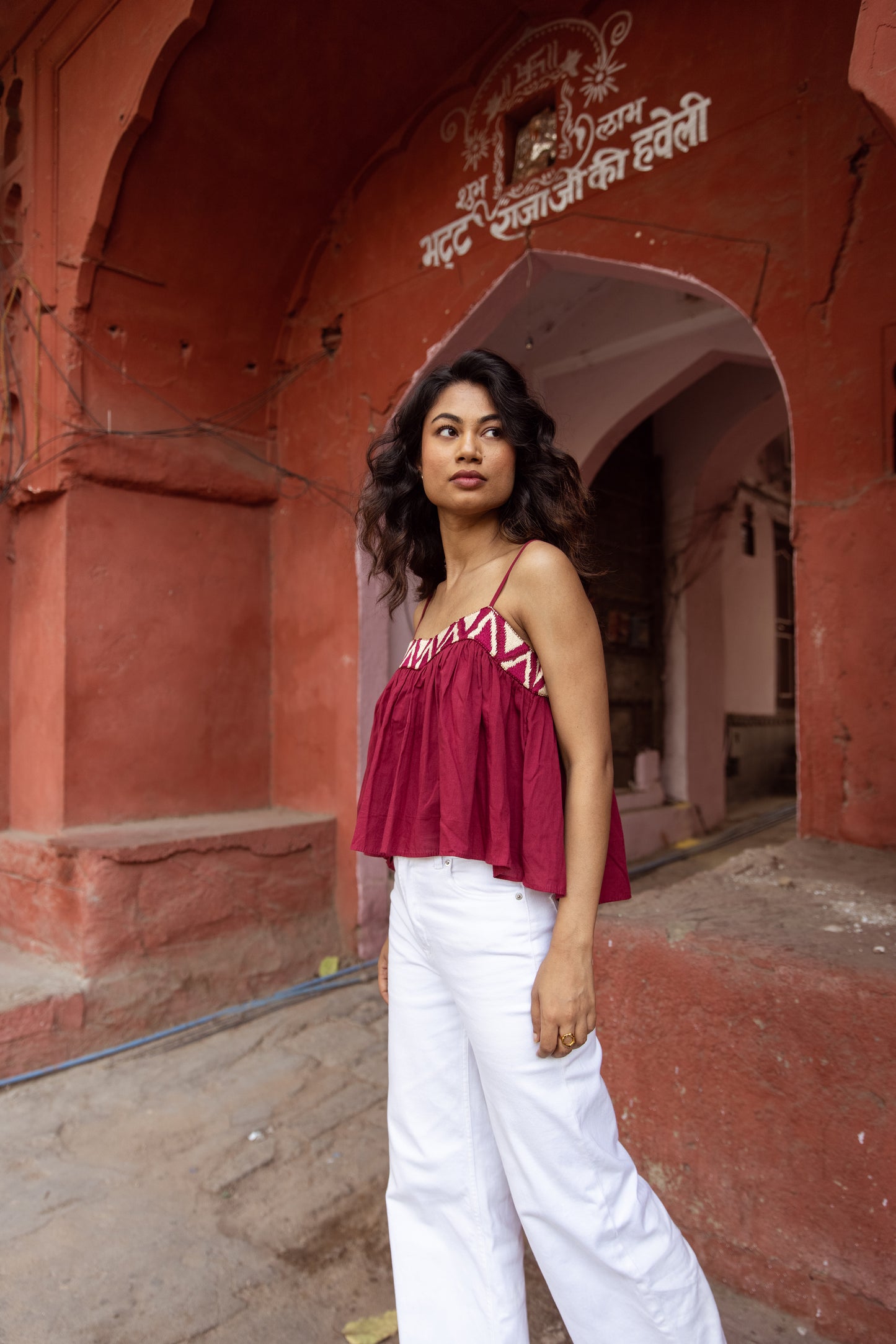 Embroidered Yoke Thin Strap Top- Pink