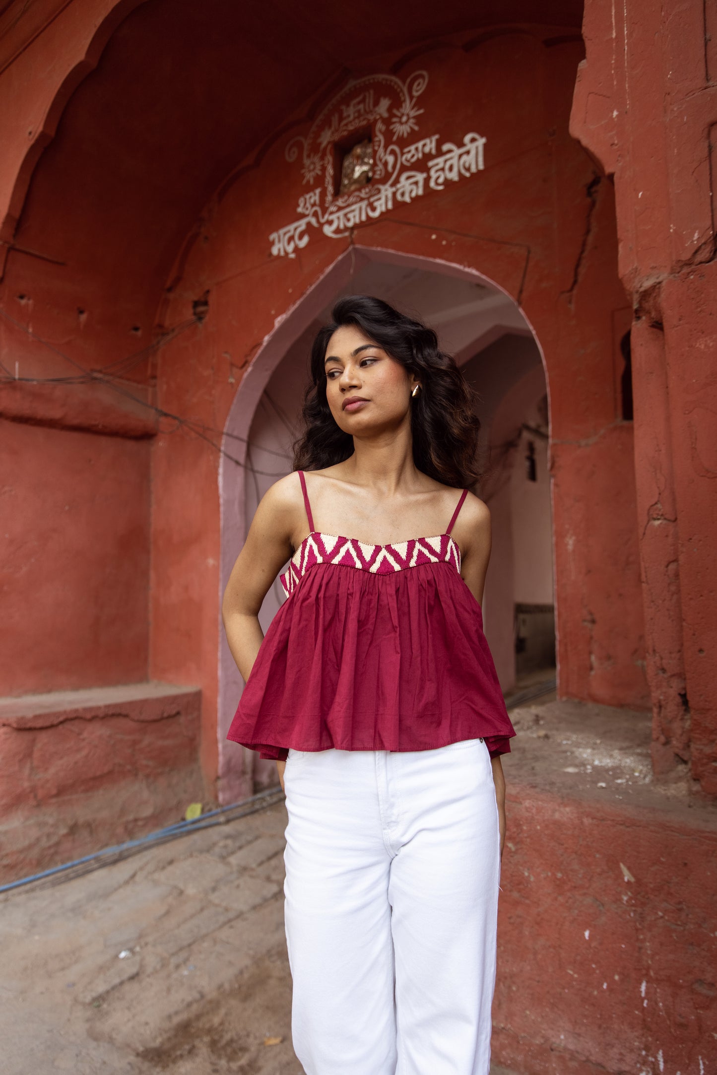 Embroidered Yoke Thin Strap Top- Pink