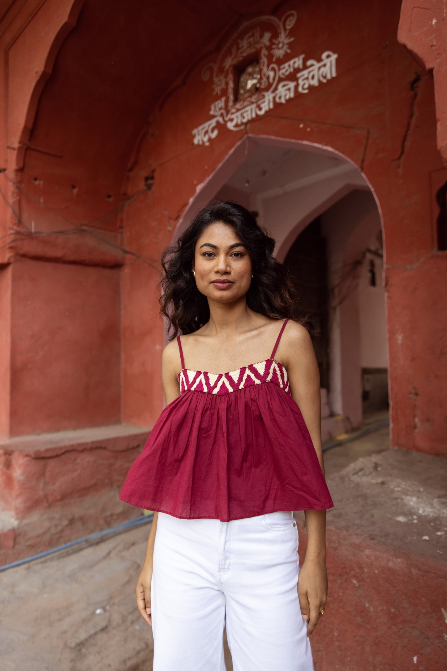 Embroidered Yoke Thin Strap Top- Pink