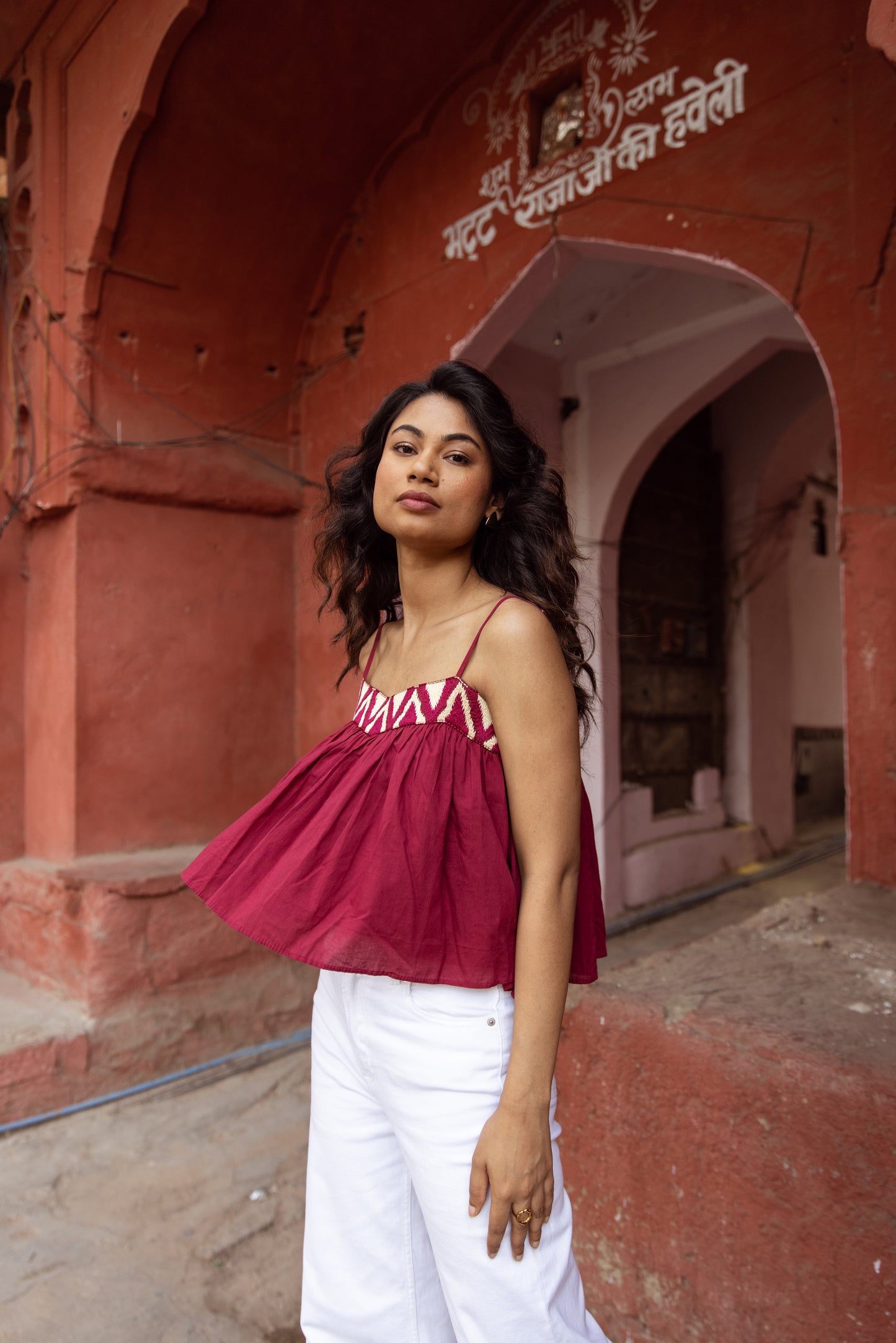 Embroidered Yoke Thin Strap Top- Pink