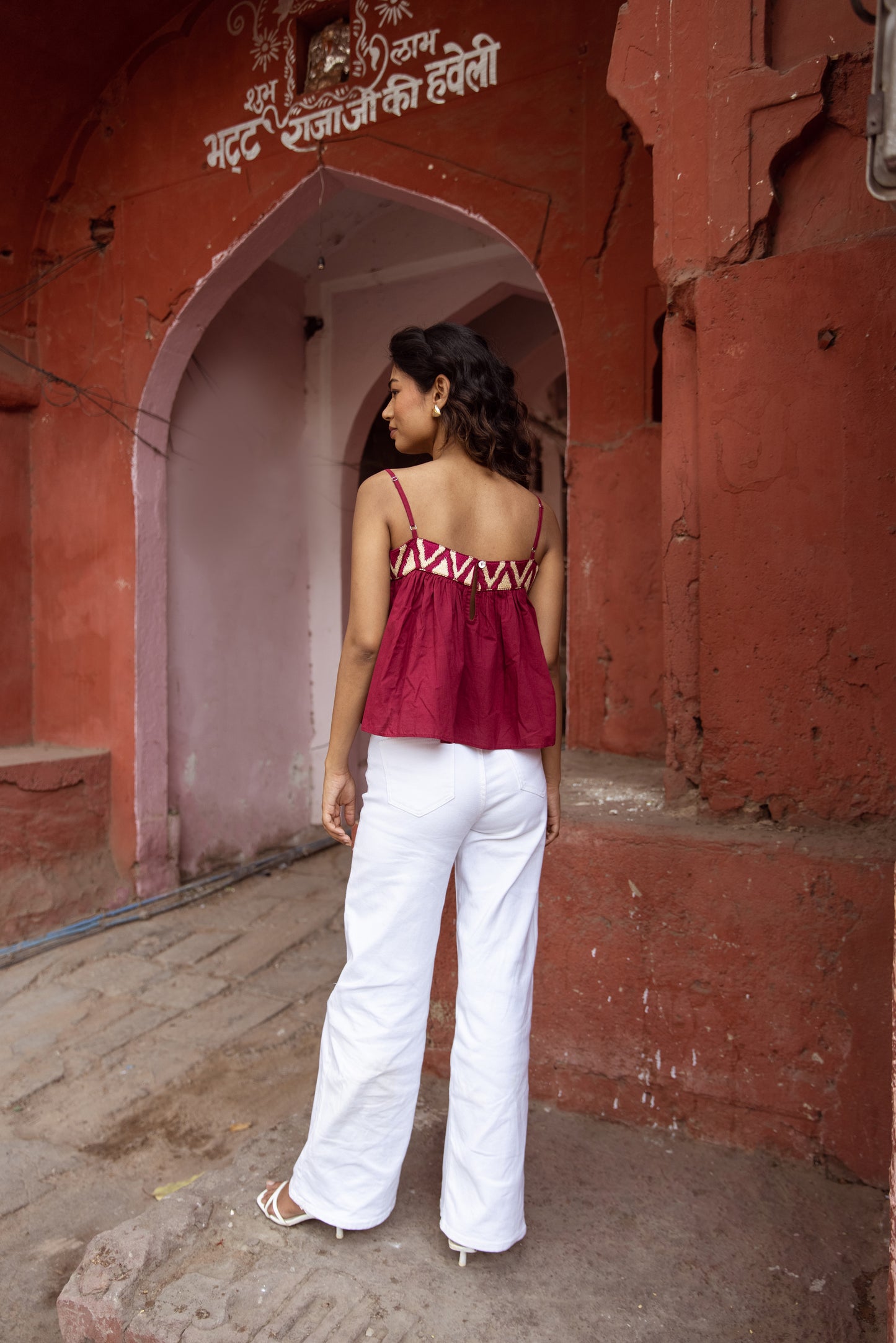 Embroidered Yoke Thin Strap Top- Pink