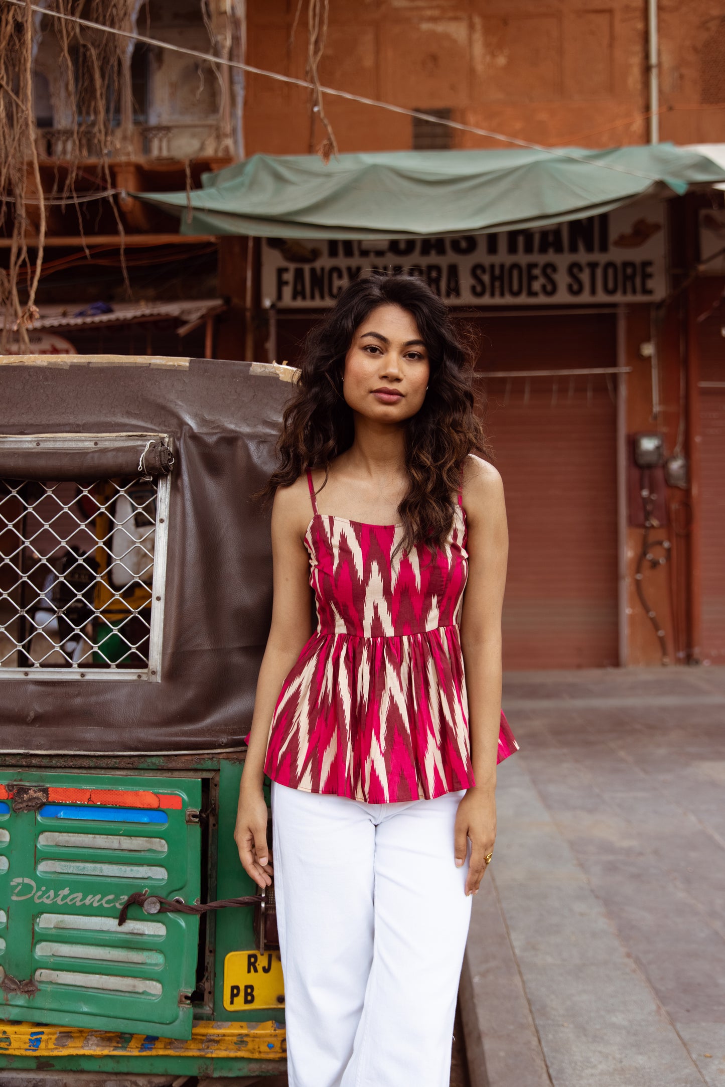 The Jaipur Zig Thin Strap Top- Pink