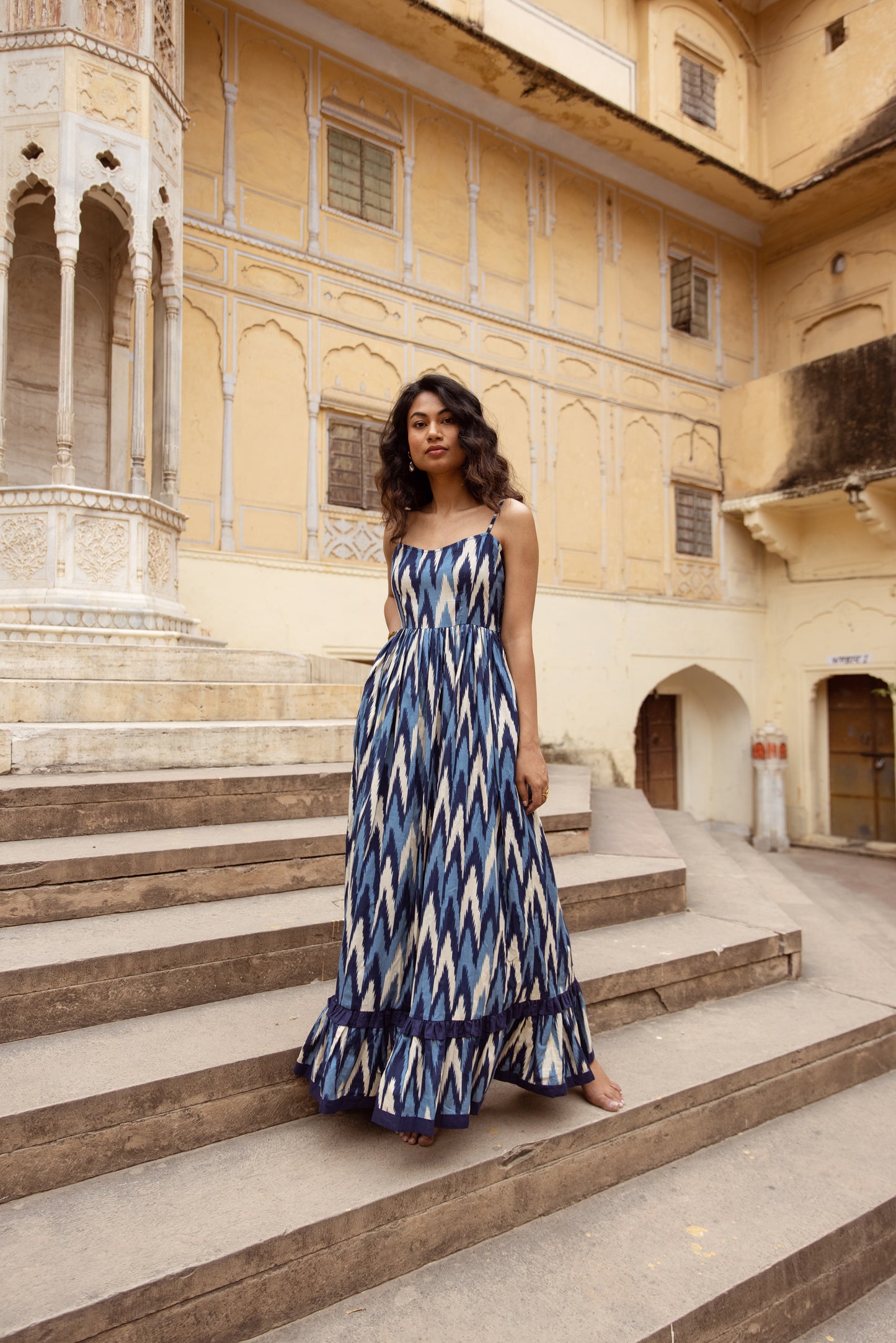 The Jaipur Zig Dress- Blue Thin Strap