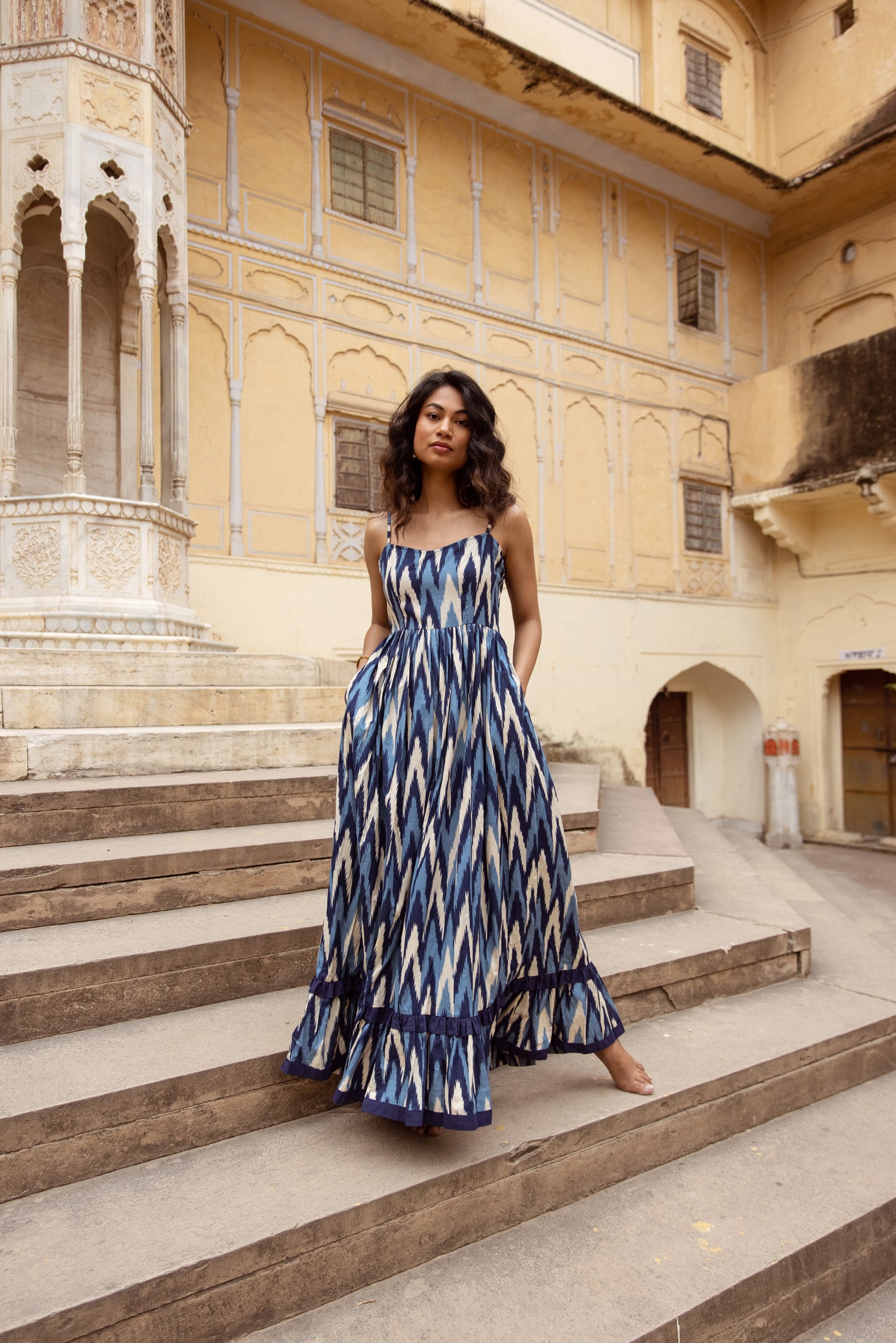 The Jaipur Zig Dress- Blue Thin Strap