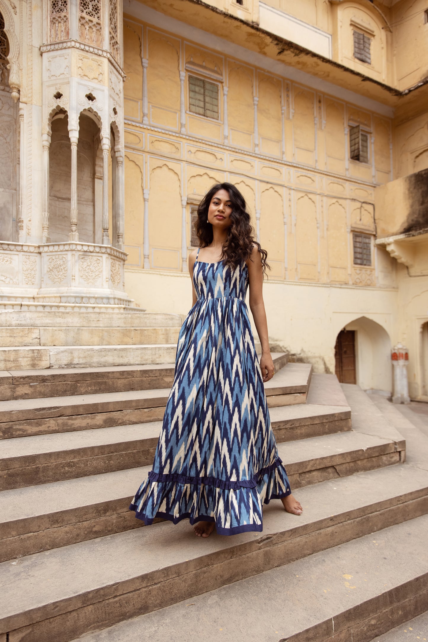 The Jaipur Zig Dress- Blue Thin Strap