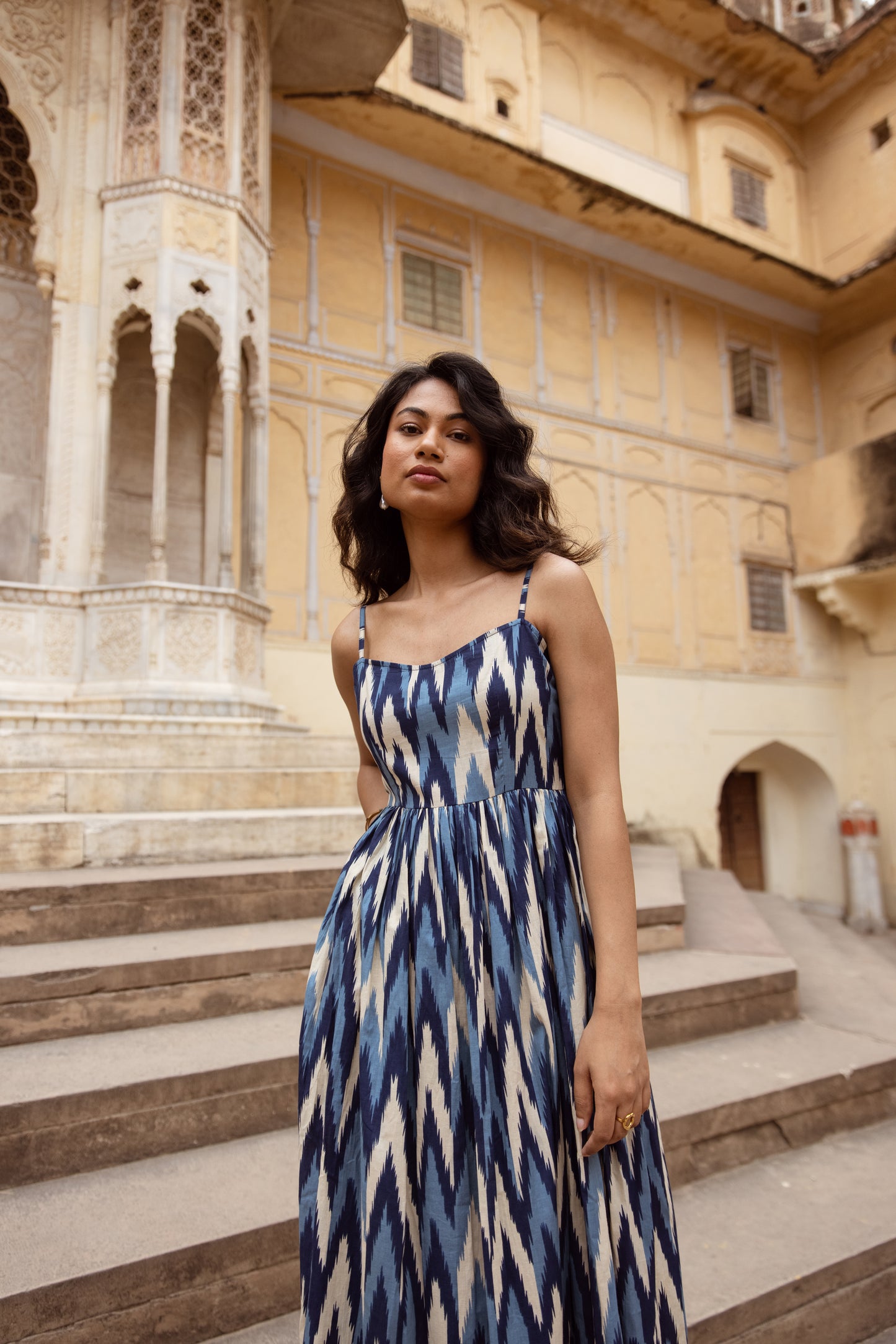 The Jaipur Zig Dress- Blue Thin Strap