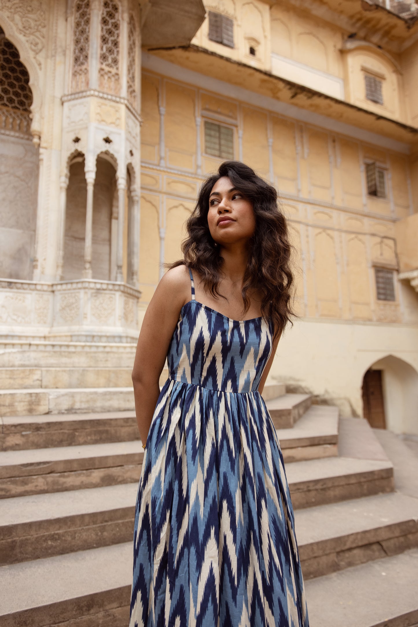 The Jaipur Zig Dress- Blue Thin Strap