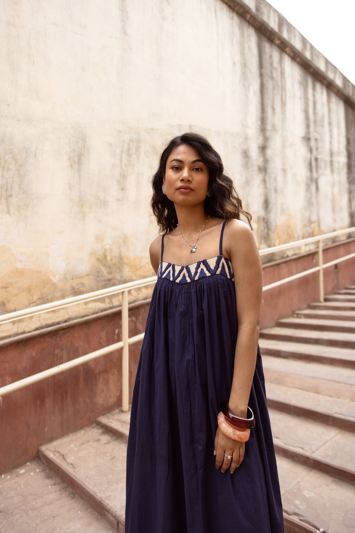 Embroidered Yoke Midi Thin Strap Dress- Blue
