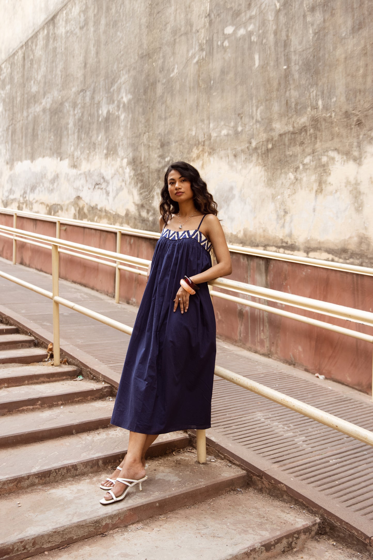 Embroidered Yoke Midi Thin Strap Dress- Blue