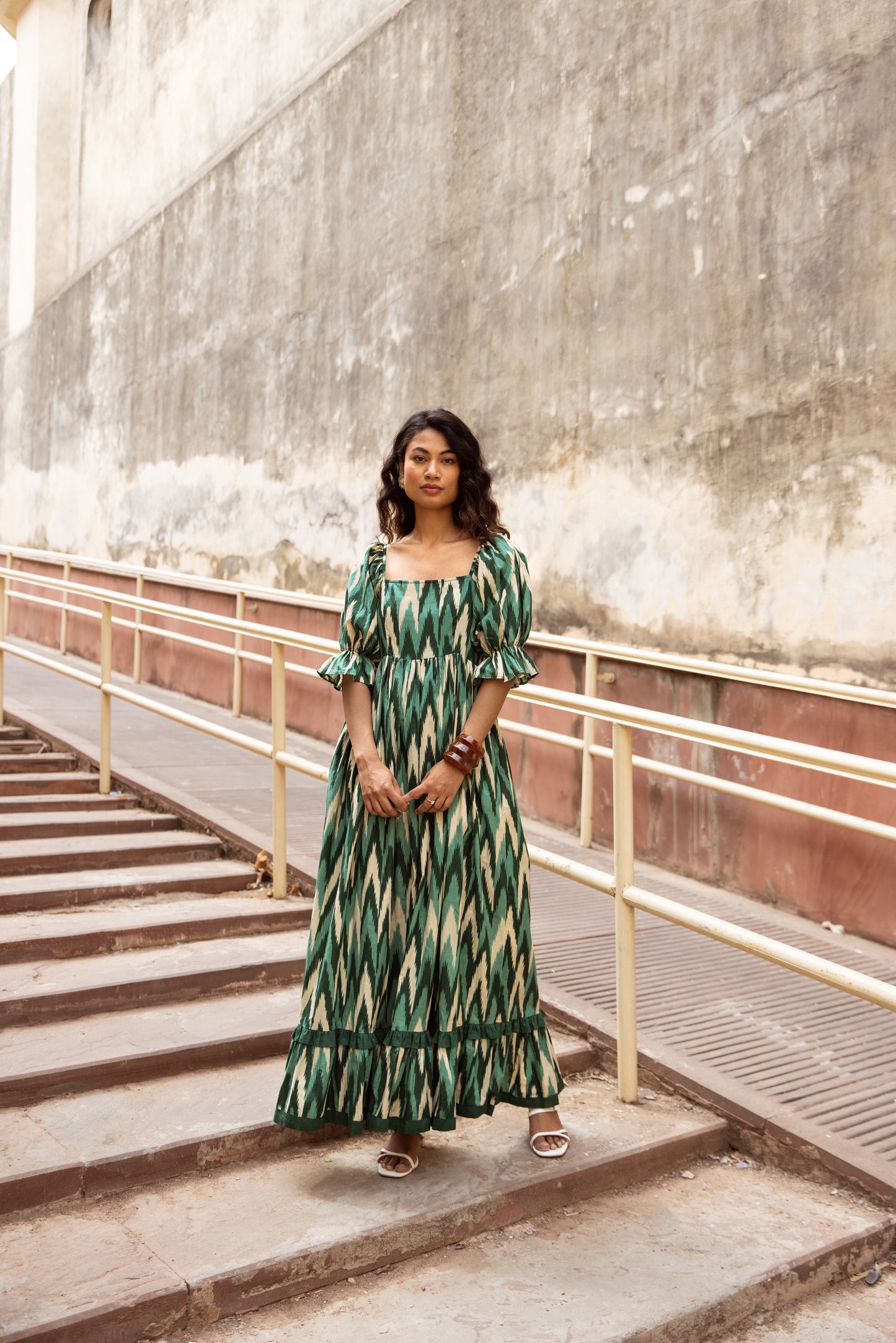 The Jaipur Zig Dress- Green Sleeved