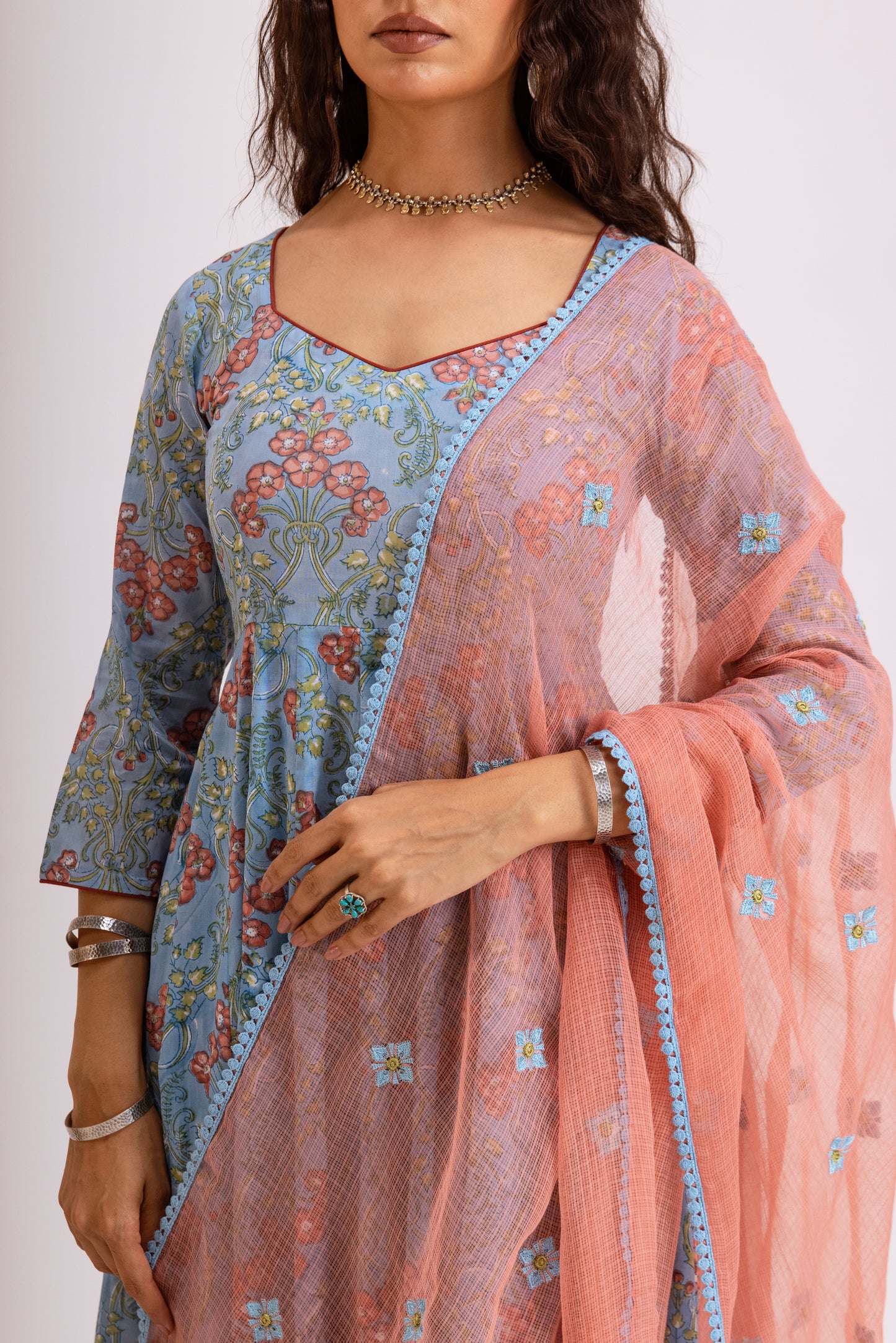 Baby Blue X Peach Jaal - Sleeved